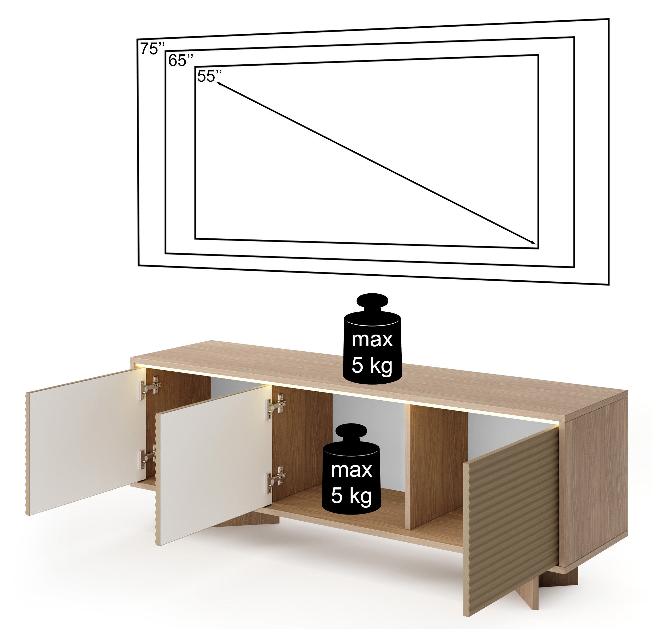 TV-Schrank Semi mit drei Türen und LED-Beleuchtung, 154 cm, Bolivar Natur/Cappuccino