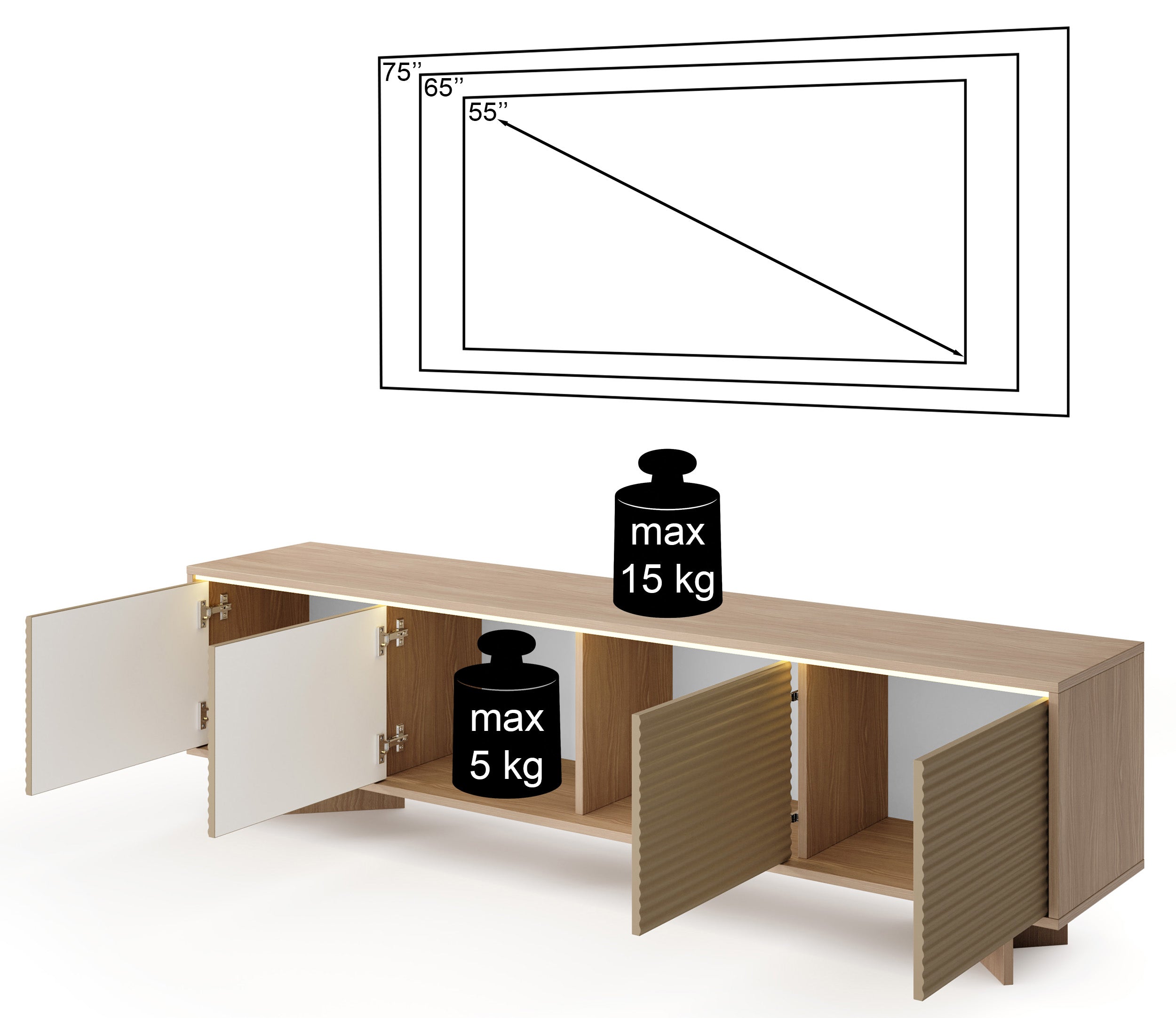 Viertrügiger TV-Schrank Semi mit LED-Beleuchtung 204 cm Bolivar Natur/Cappuccino