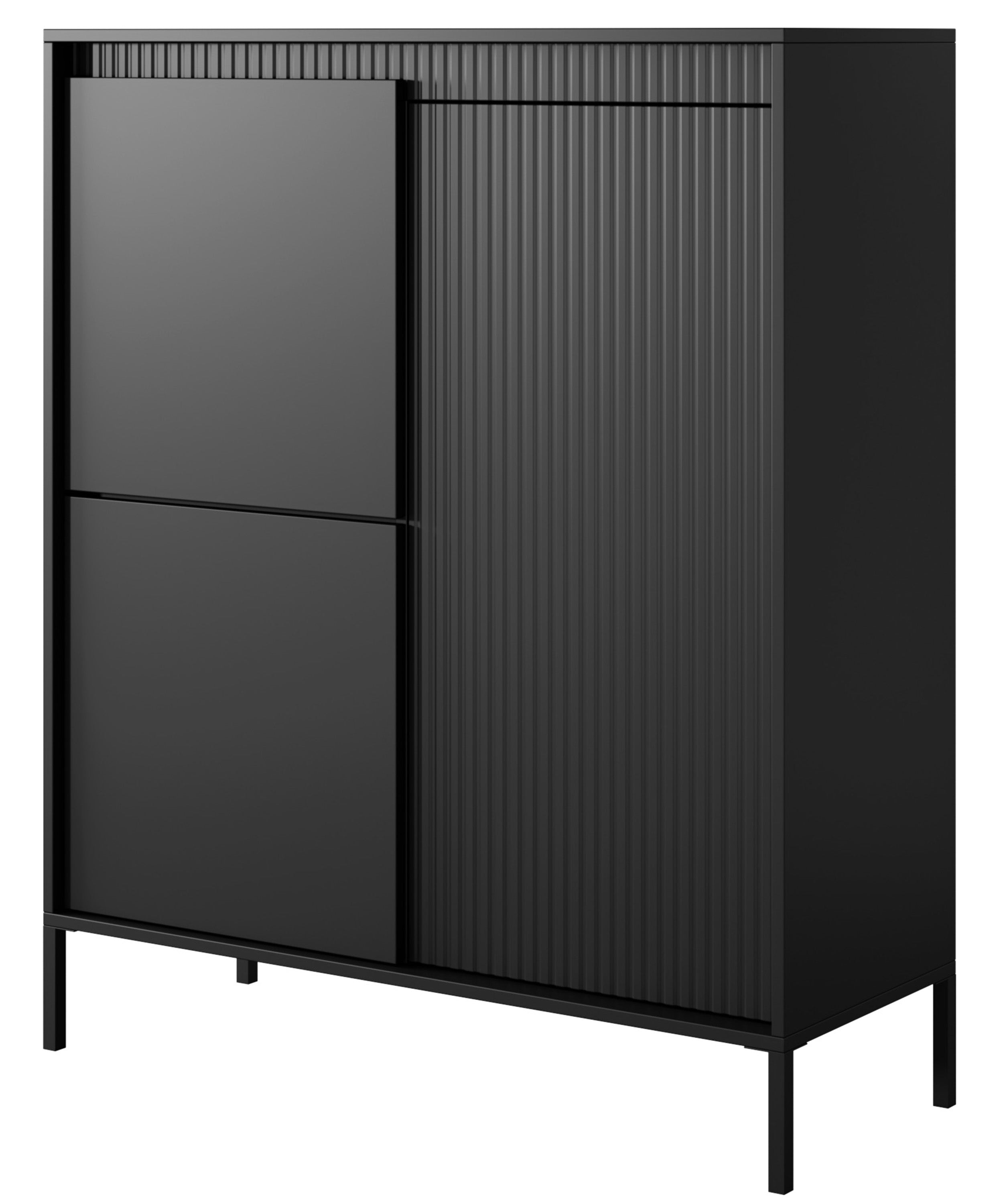 Hohe Kommode Falsetto mit drei Türen und gerillten Fronten, 104 cm, schwarz