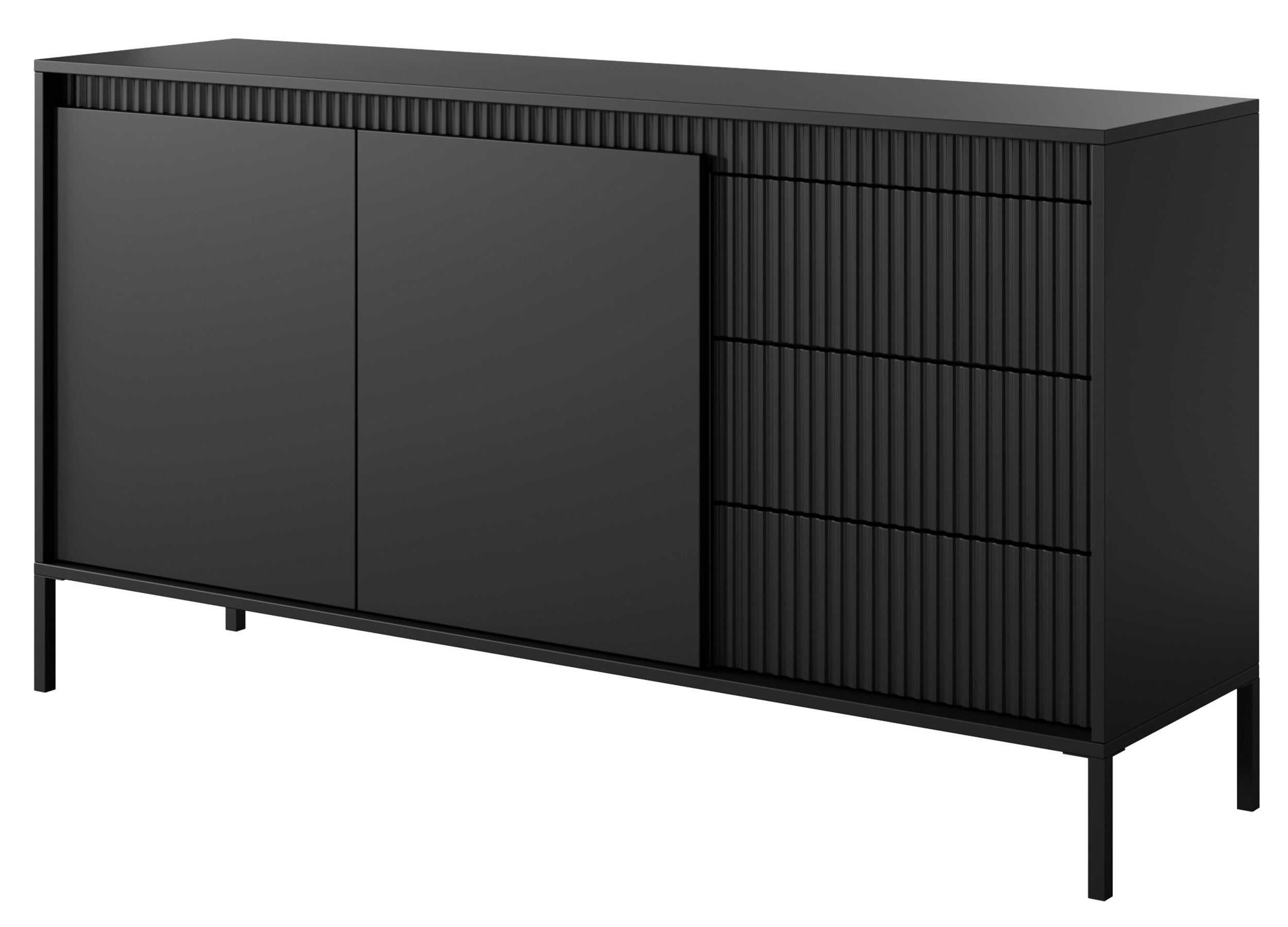 Zweiturige Kommode Falsetto mit gerillten Fronten und drei Schubladen, 154 cm, schwarz