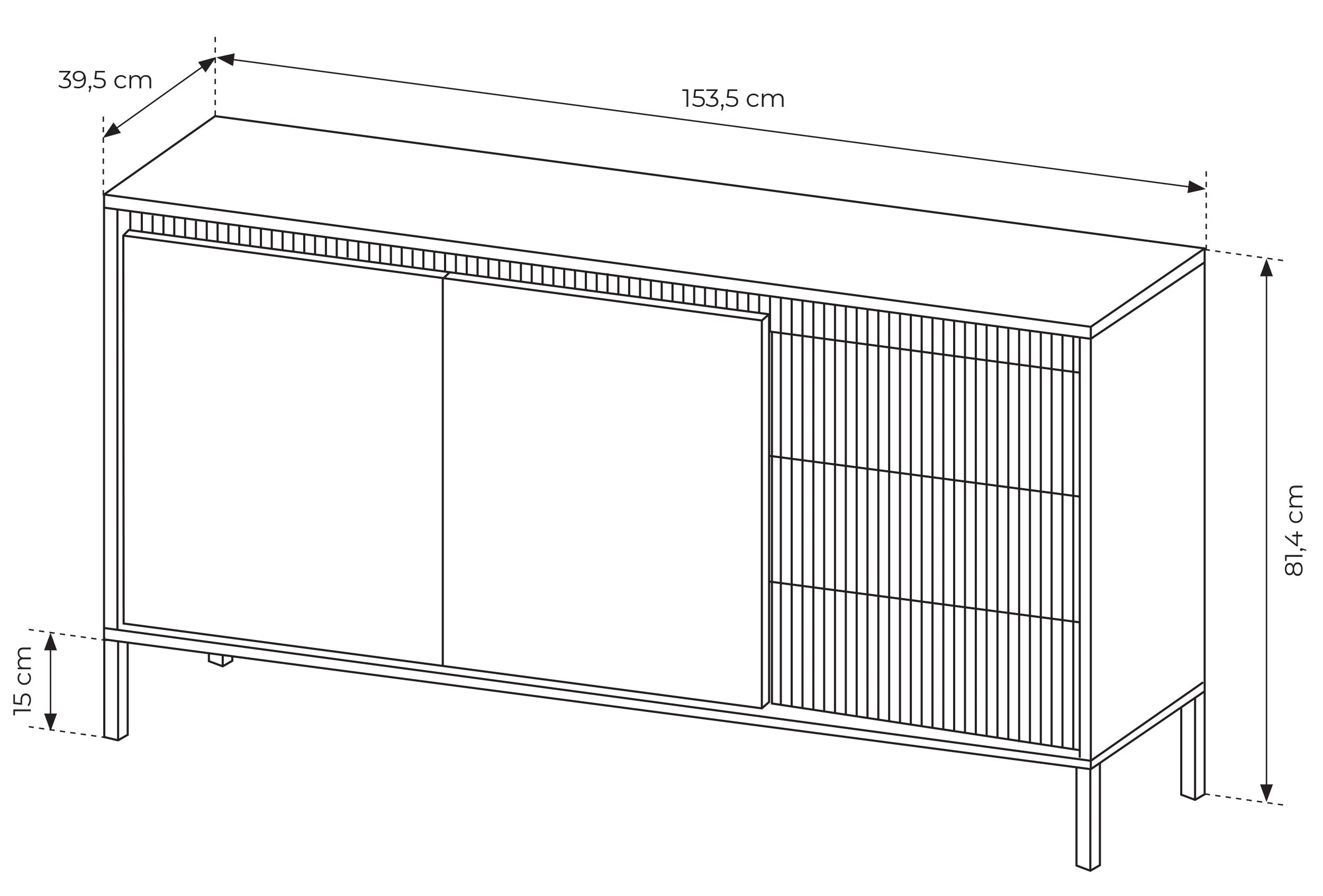 Zweiturige Kommode Falsetto mit gerillten Fronten und drei Schubladen, 154 cm, schwarz