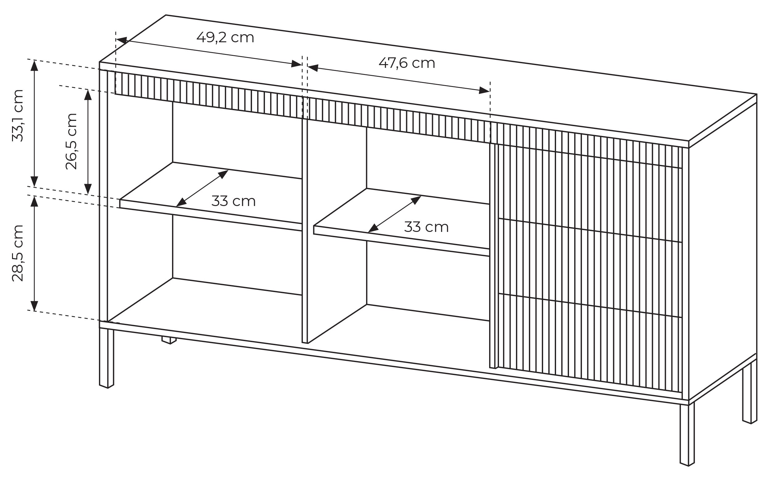 Zweiturige Kommode Falsetto mit gerillten Fronten und drei Schubladen, 154 cm, schwarz