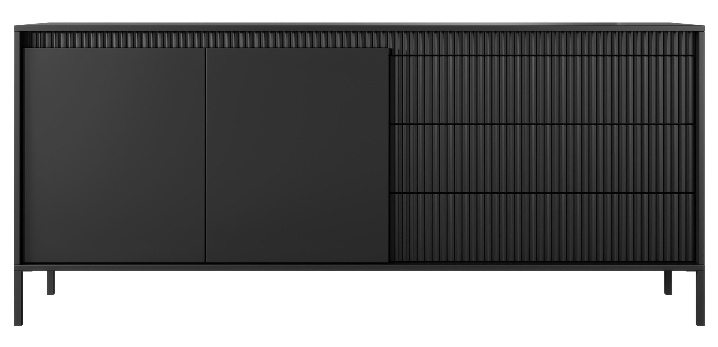 Zweiturige Kommode Falsetto mit geriffelten Fronten und drei Schubladen, 187 cm, schwarz