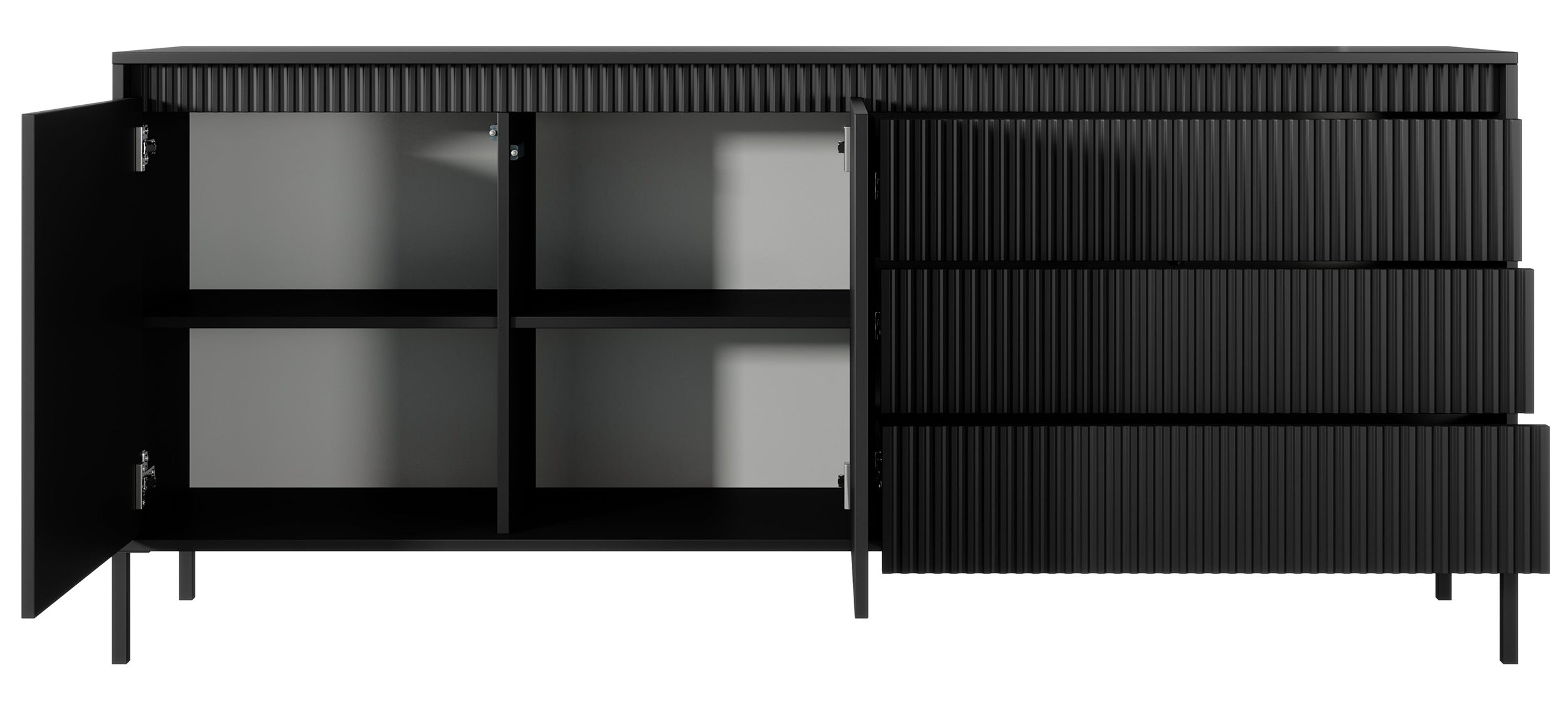 Zweiturige Kommode Falsetto mit geriffelten Fronten und drei Schubladen, 187 cm, schwarz