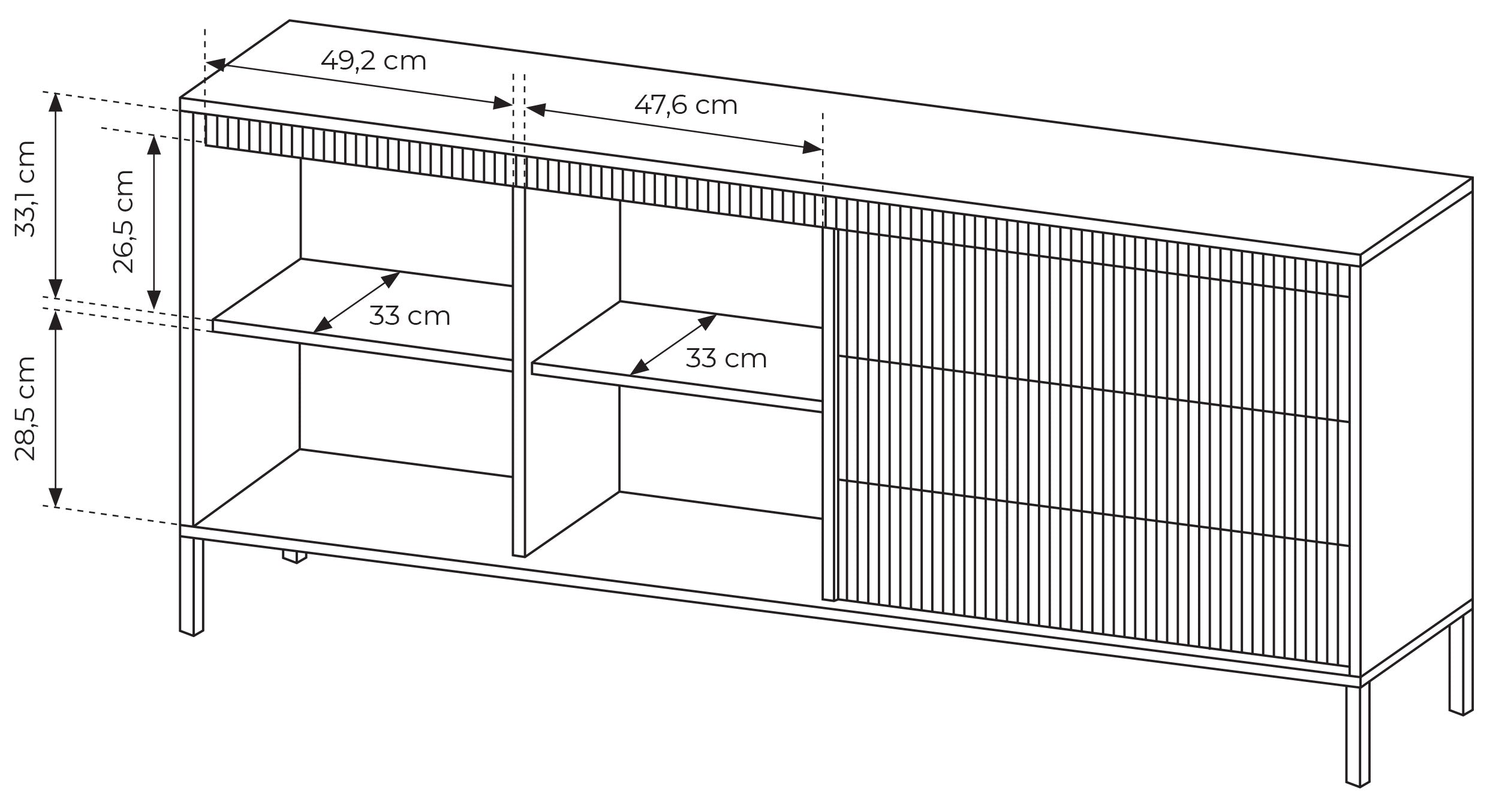 Zweiturige Kommode Falsetto mit geriffelten Fronten und drei Schubladen, 187 cm, schwarz