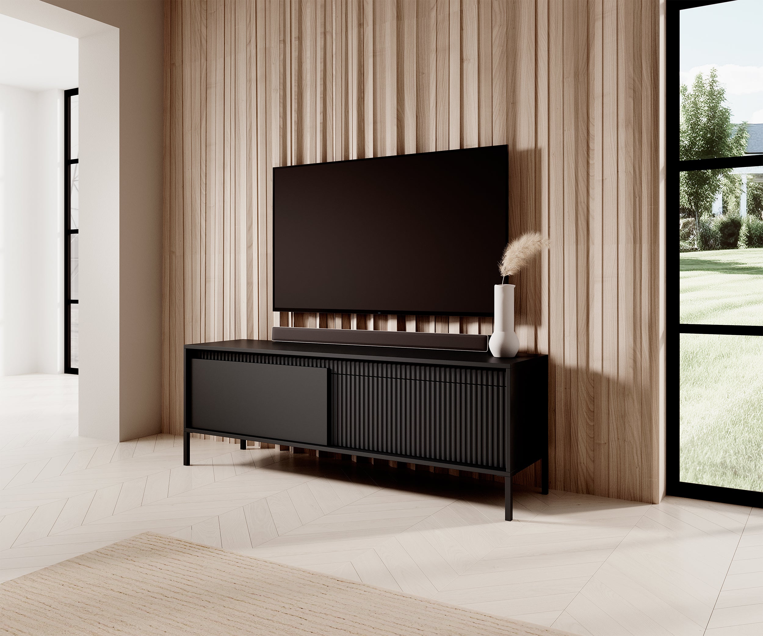 Falsetto TV-Schrank, zweiflügelig mit gerillter Front, 154 cm, schwarz