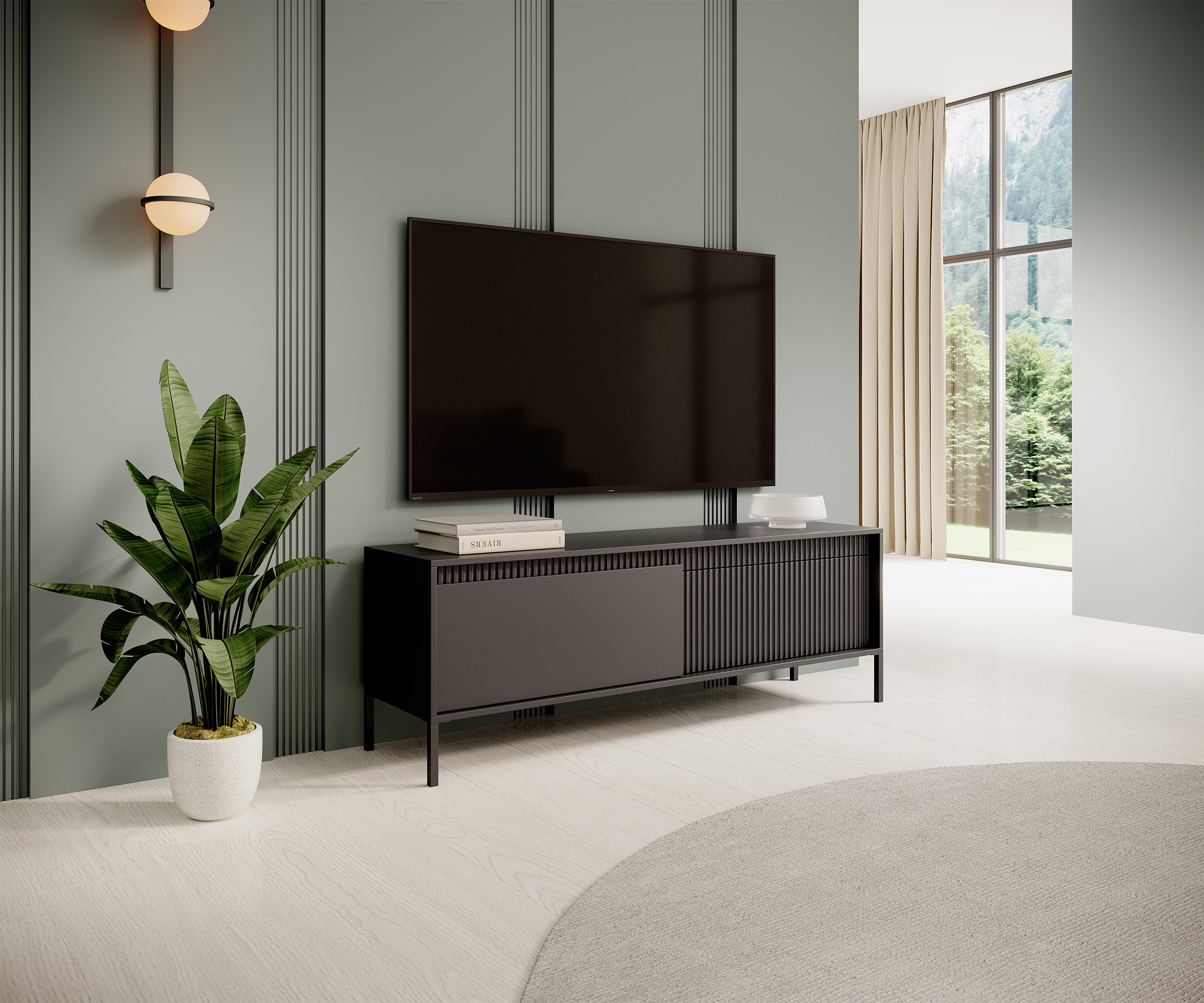 Falsetto TV-Schrank, zweiflügelig mit gerillter Front, 154 cm, schwarz