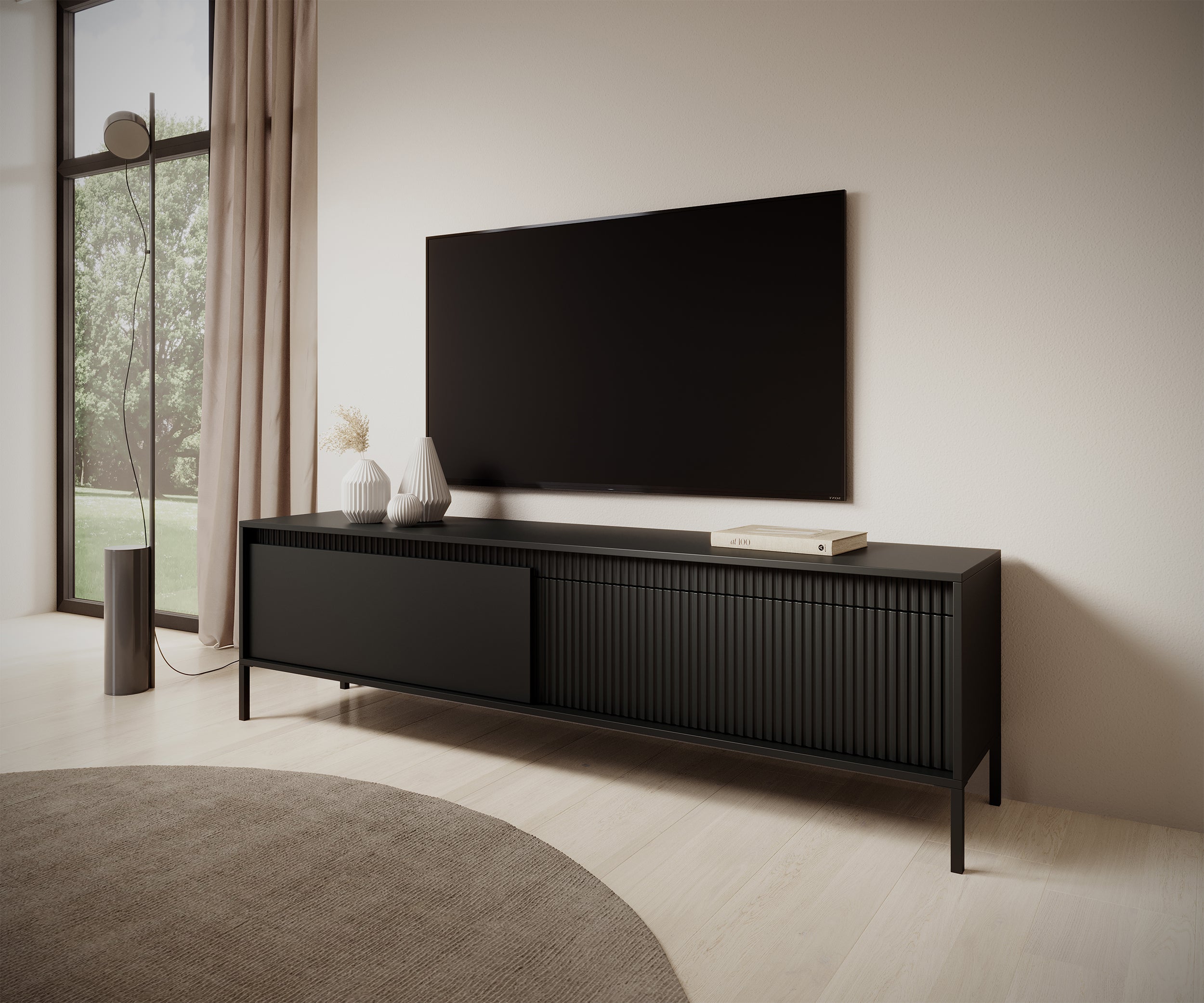 Falsetto TV-Schrank mit zwei Türen und geriffelter Front, 187 cm, schwarz