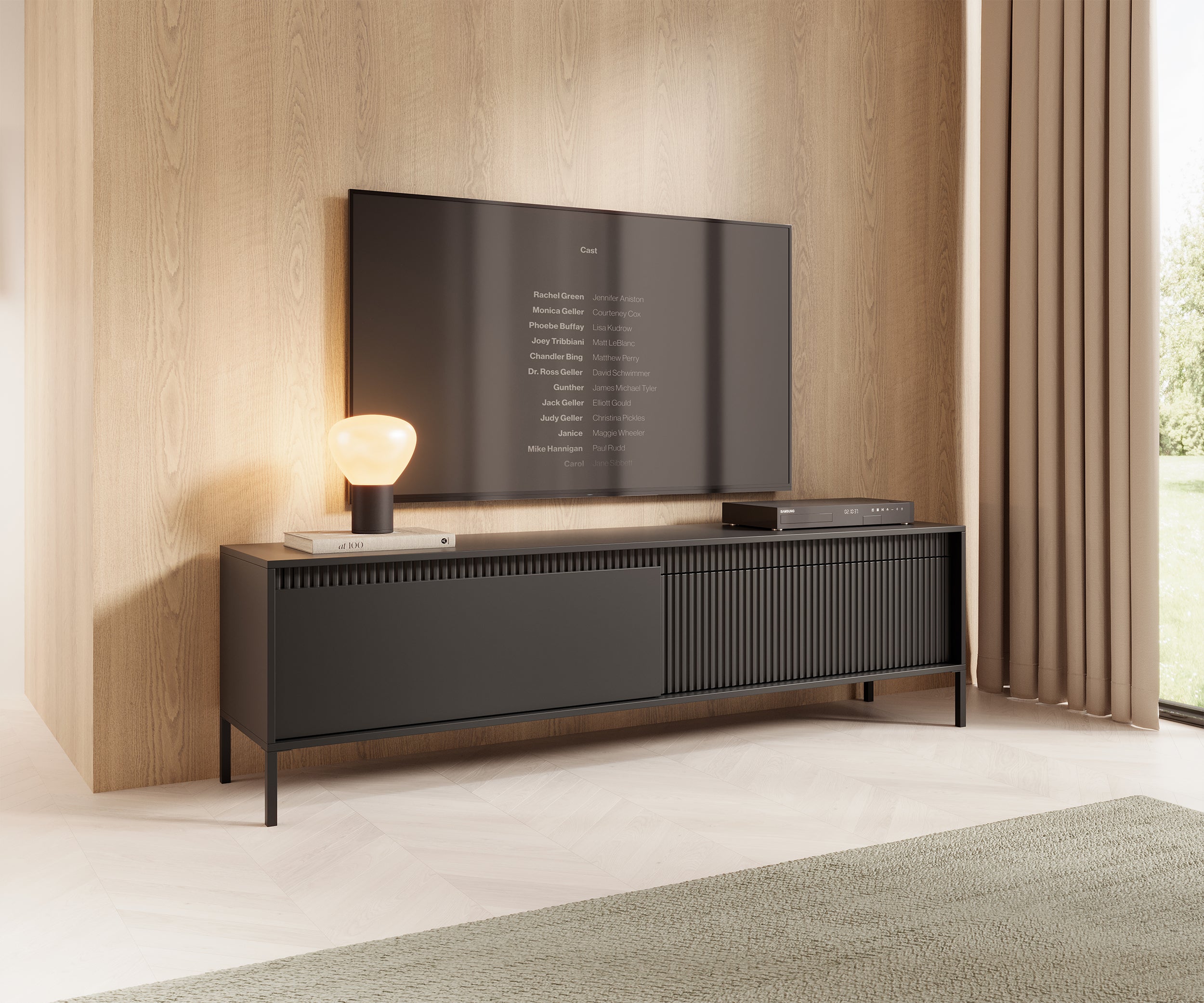 Falsetto TV-Schrank mit zwei Türen und geriffelter Front, 187 cm, schwarz