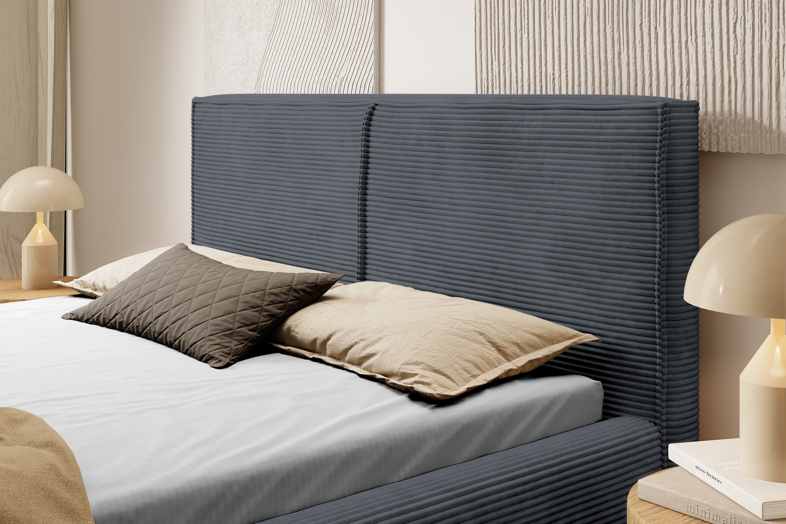 Gepolstertes Bett 140x200 cm Farese mit Stauraum und Gasdruckfeder, grauer Cordstoff