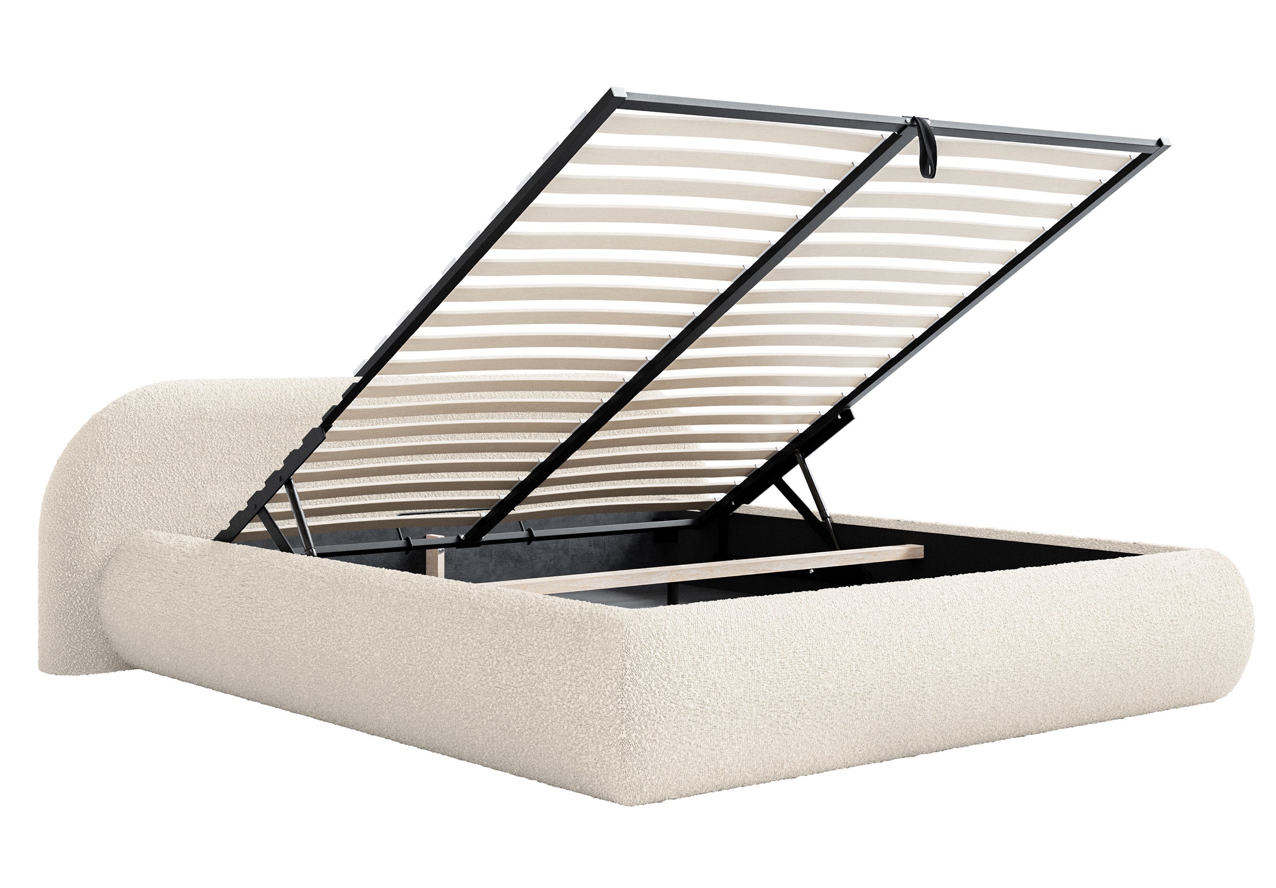 Polsterbett 140x200 cm Shels Low mit Stauraum, Metallrahmen, cremefarbenes Bouclé