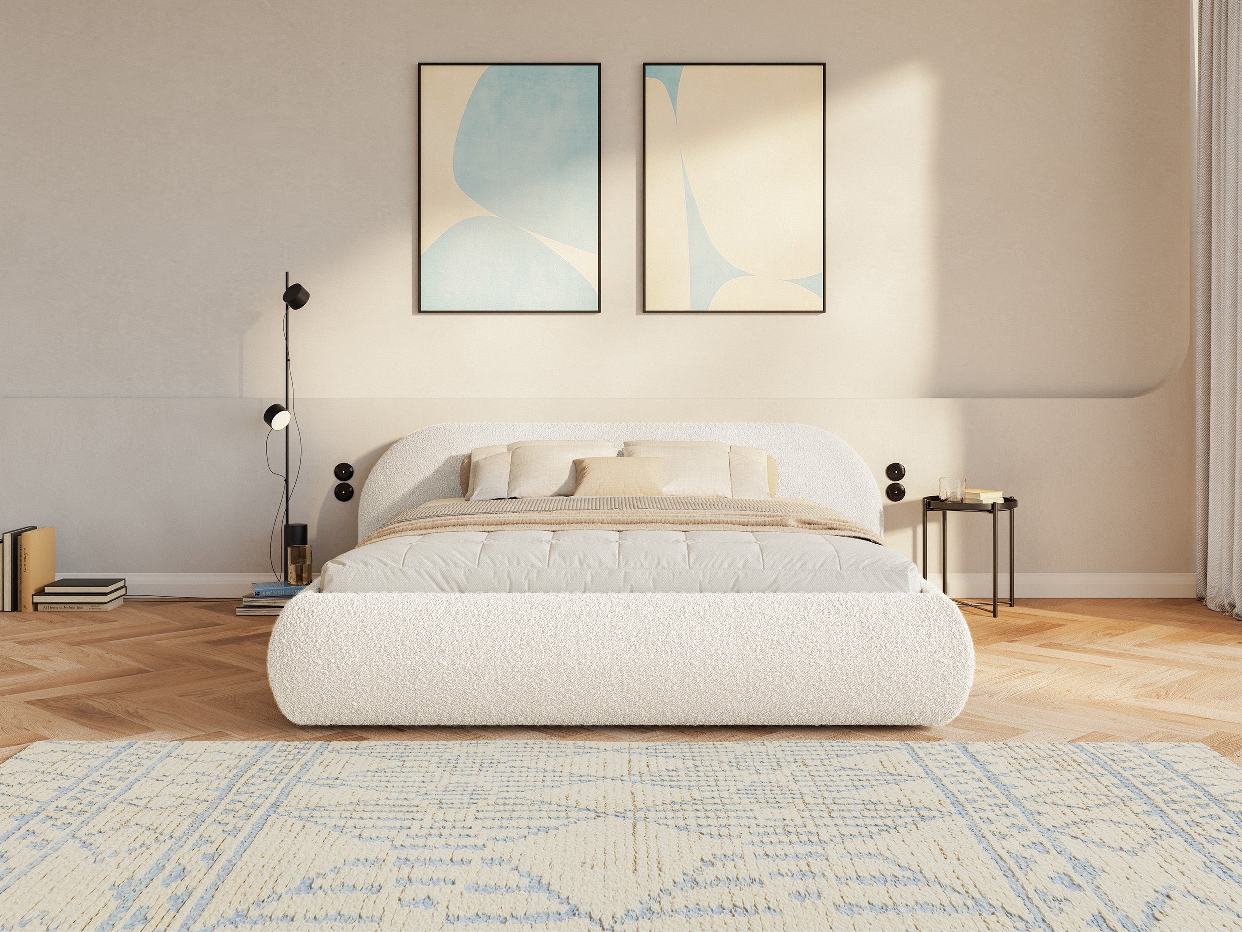 Polsterbett 160x200 cm Shels Low cremefarbenes Bouclé