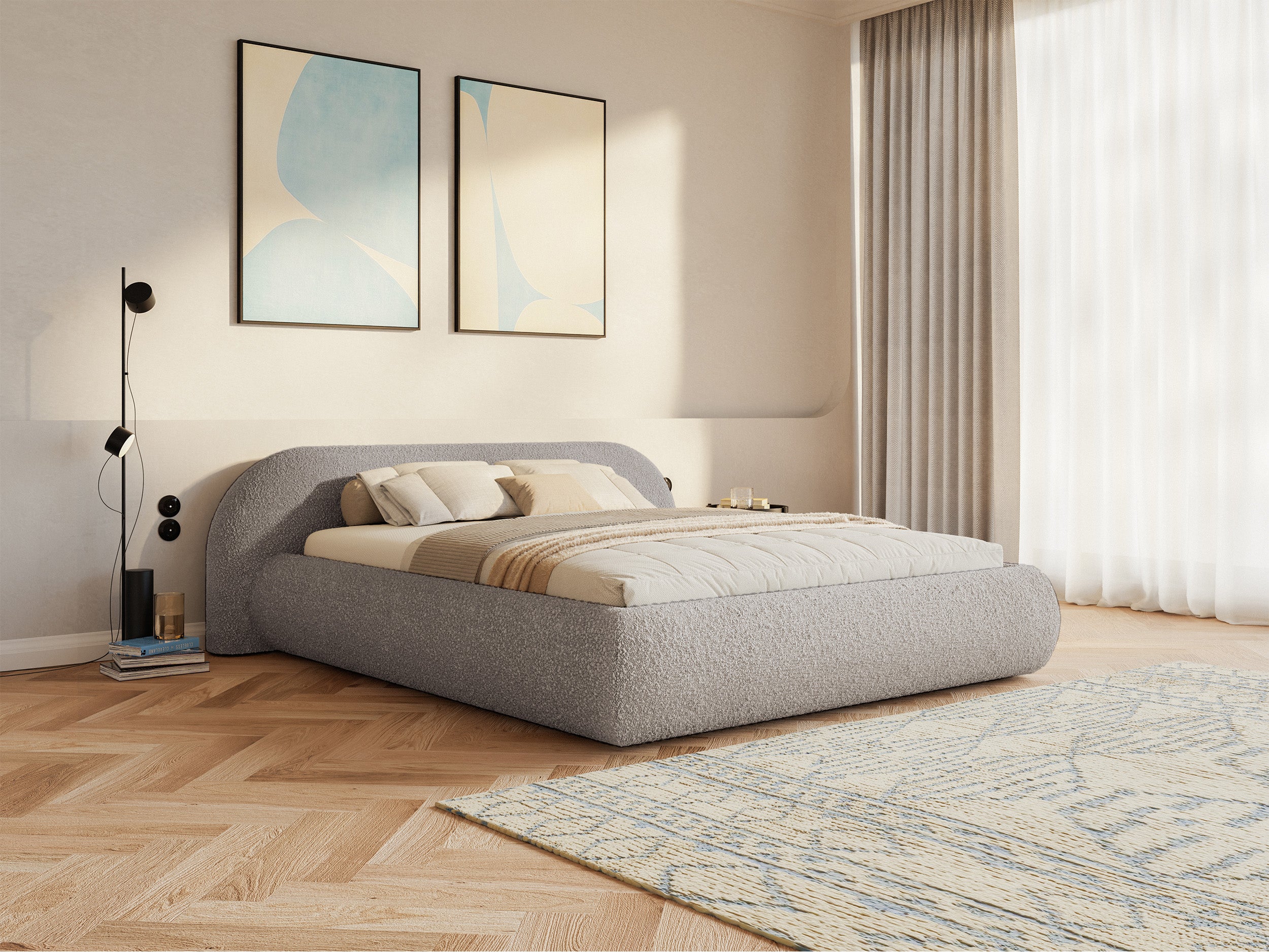 Gepolstertes Bett 160x200 cm Shels Low mit Stauraum, Metallrahmen, grau-beiges Bouclé