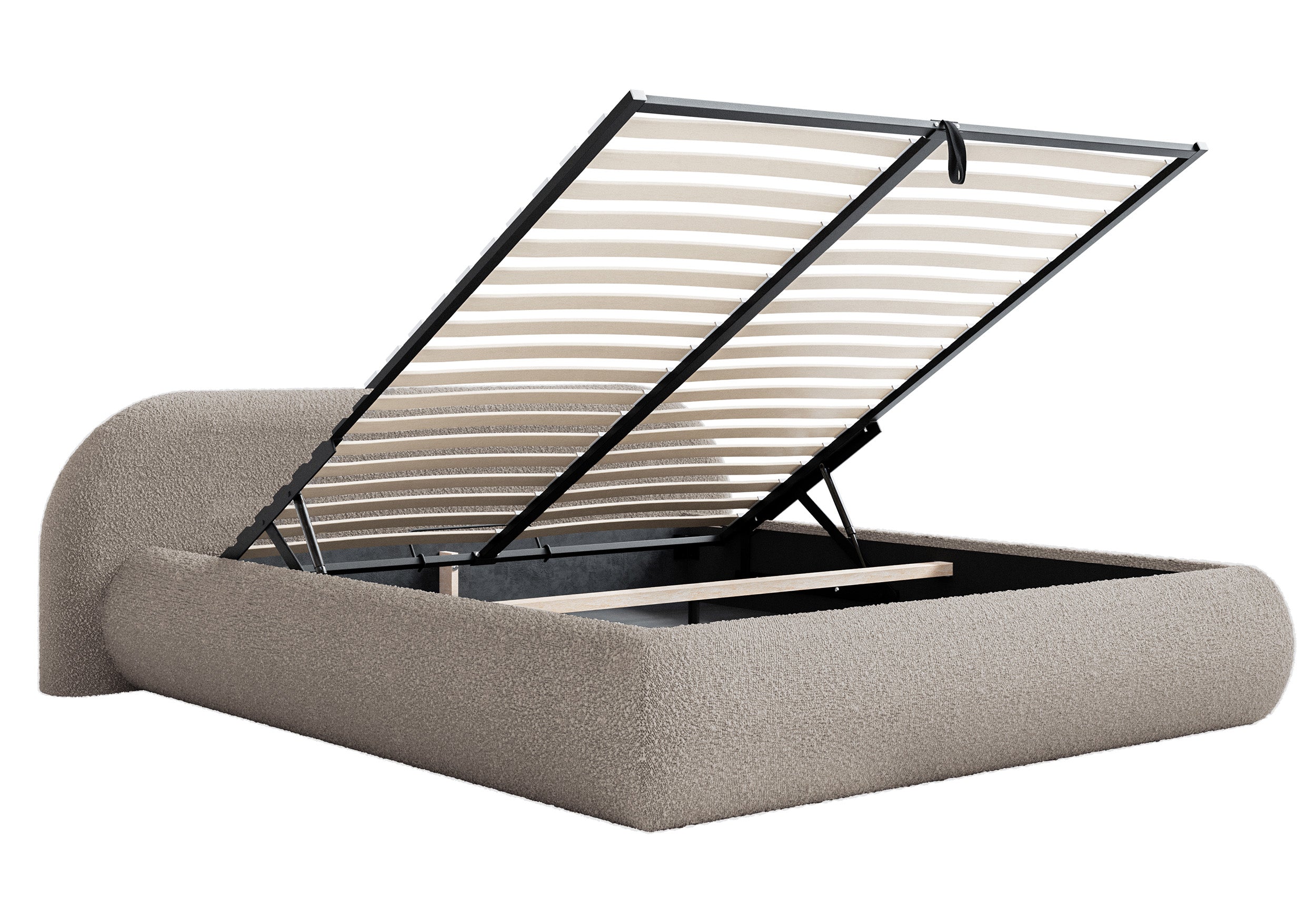 Gepolstertes Bett 160x200 cm Shels Low mit Stauraum, Metallrahmen, grau-beiges Bouclé
