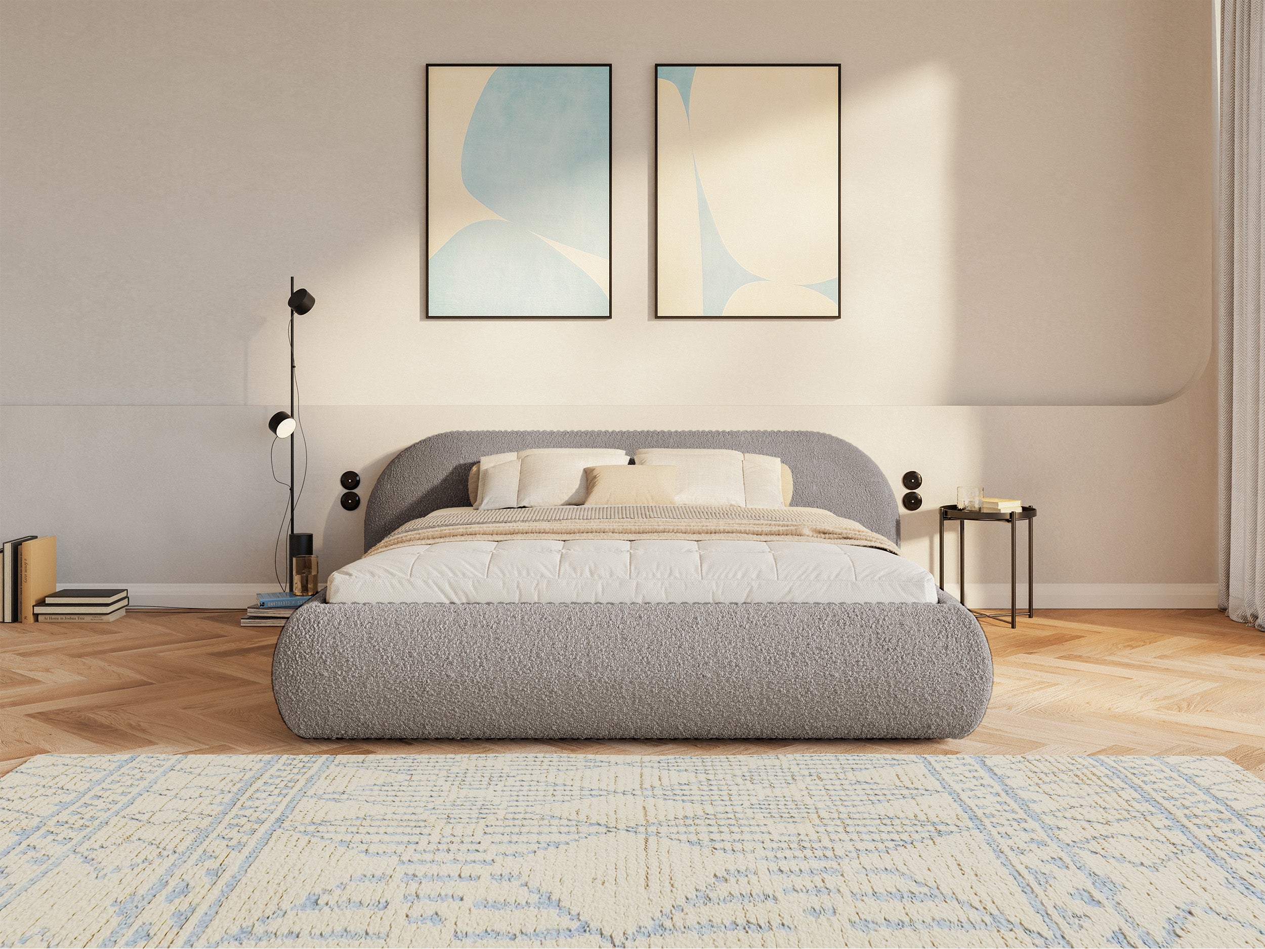 Gepolstertes Bett 160x200 cm Shels Low mit Stauraum, Metallrahmen, grau-beiges Bouclé