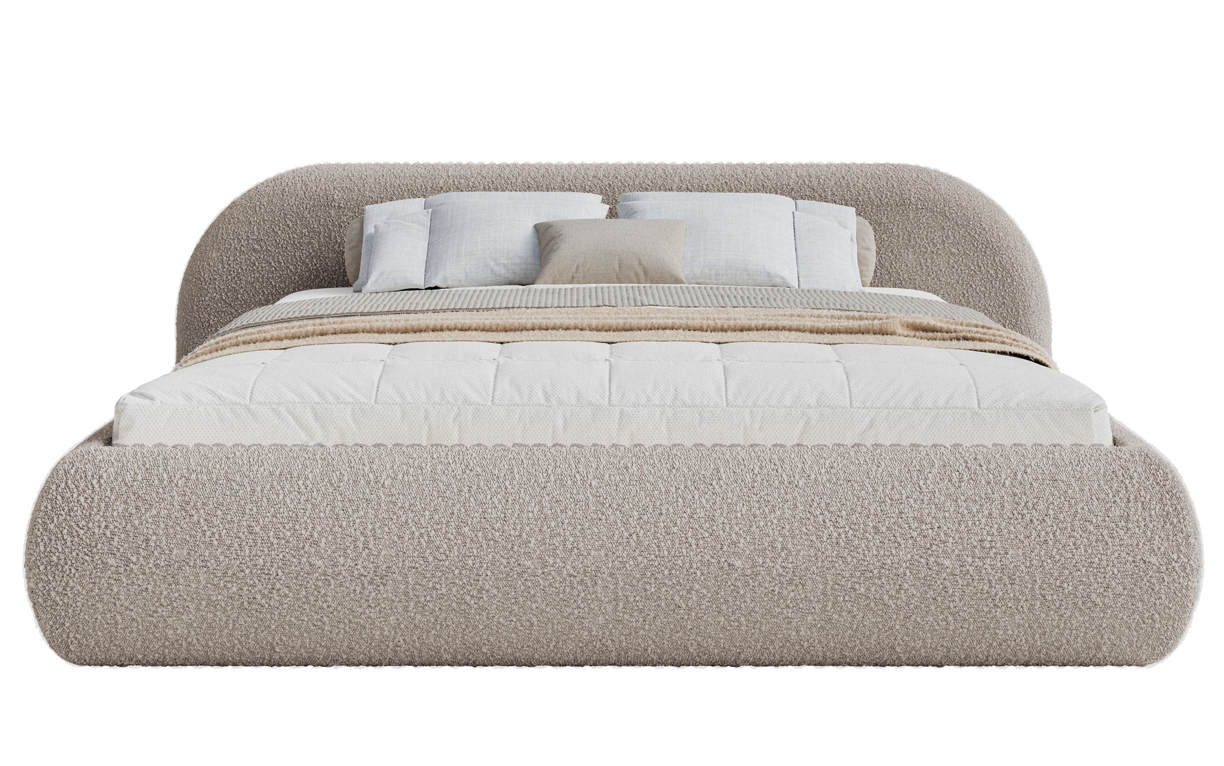 Gepolstertes Bett 160x200 cm Shels Low mit Stauraum, Metallrahmen, grau-beiges Bouclé