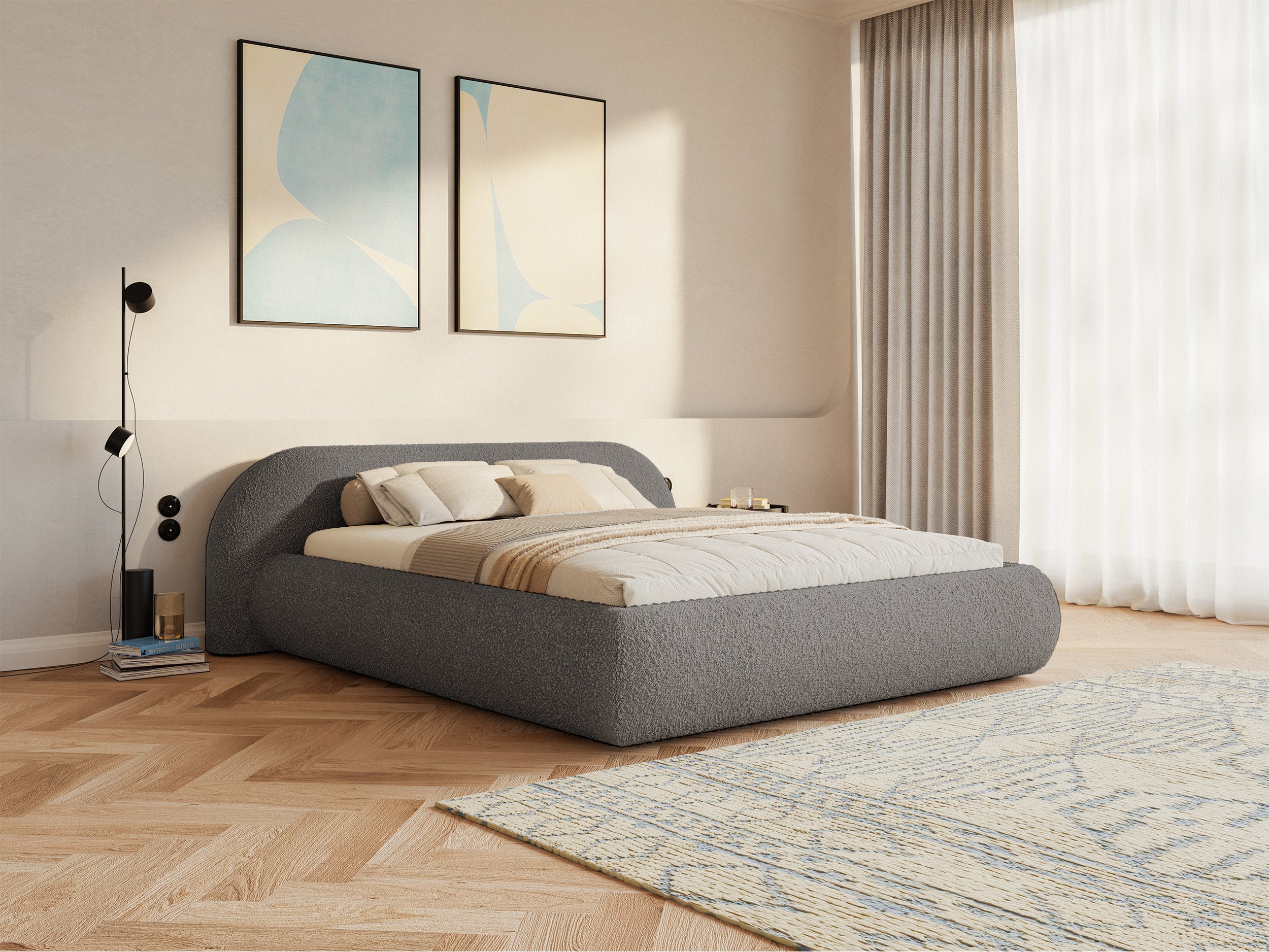 Polsterbett 140x200 cm Shels Low mit Stauraum, Metallrahmen, braunes Bouclé