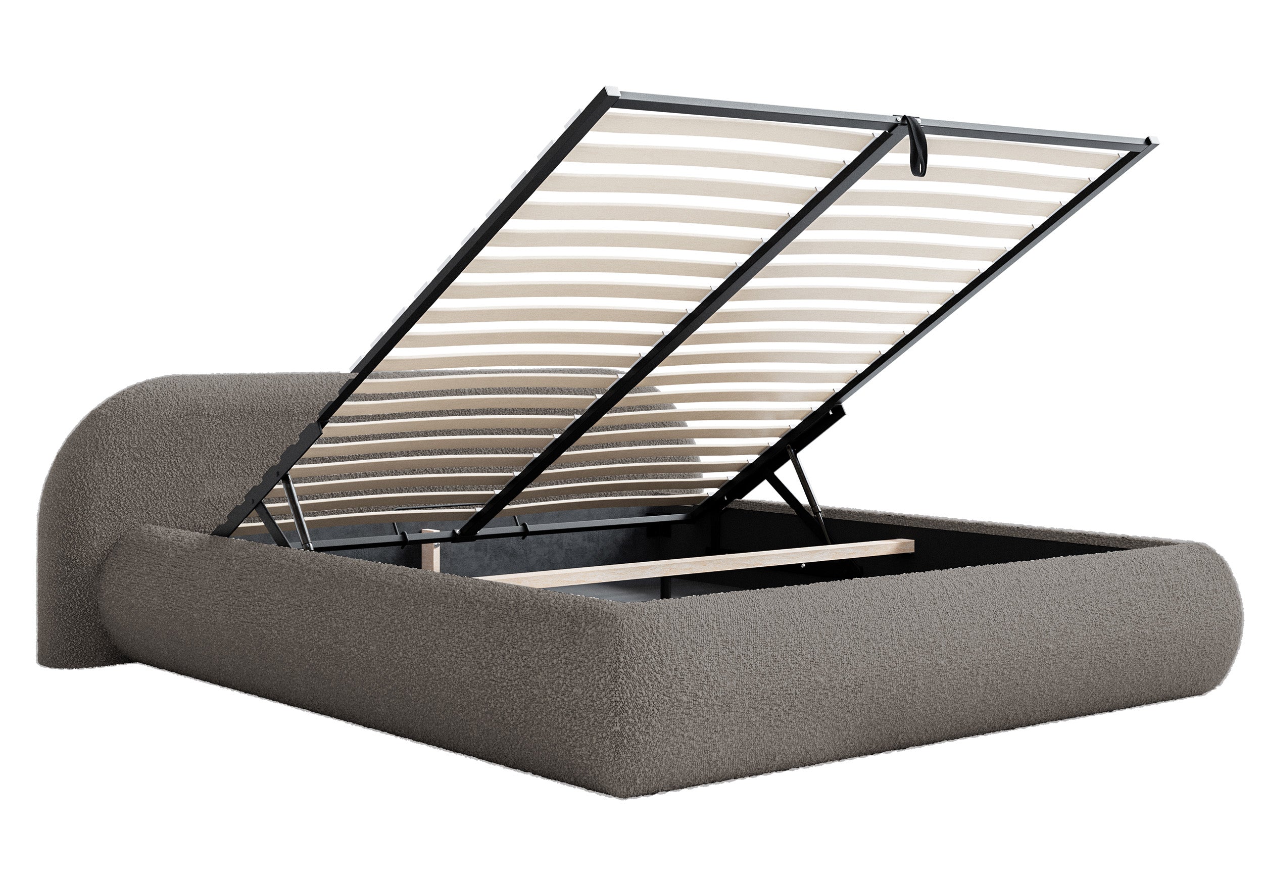 Polsterbett 140x200 cm Shels Low mit Stauraum, Metallrahmen, braunes Bouclé