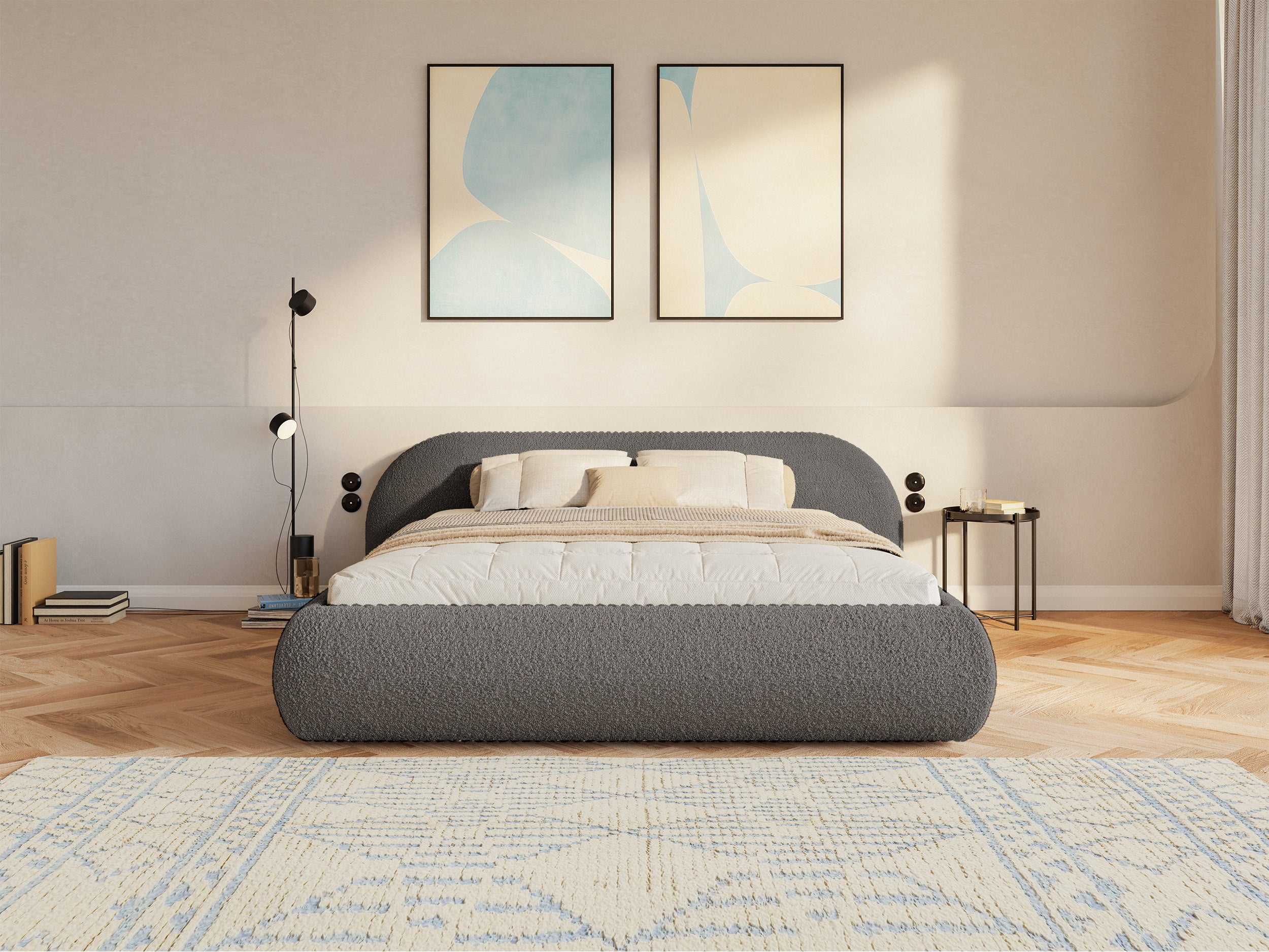 Polsterbett 140x200 cm Shels Low mit Stauraum, Metallrahmen, braunes Bouclé
