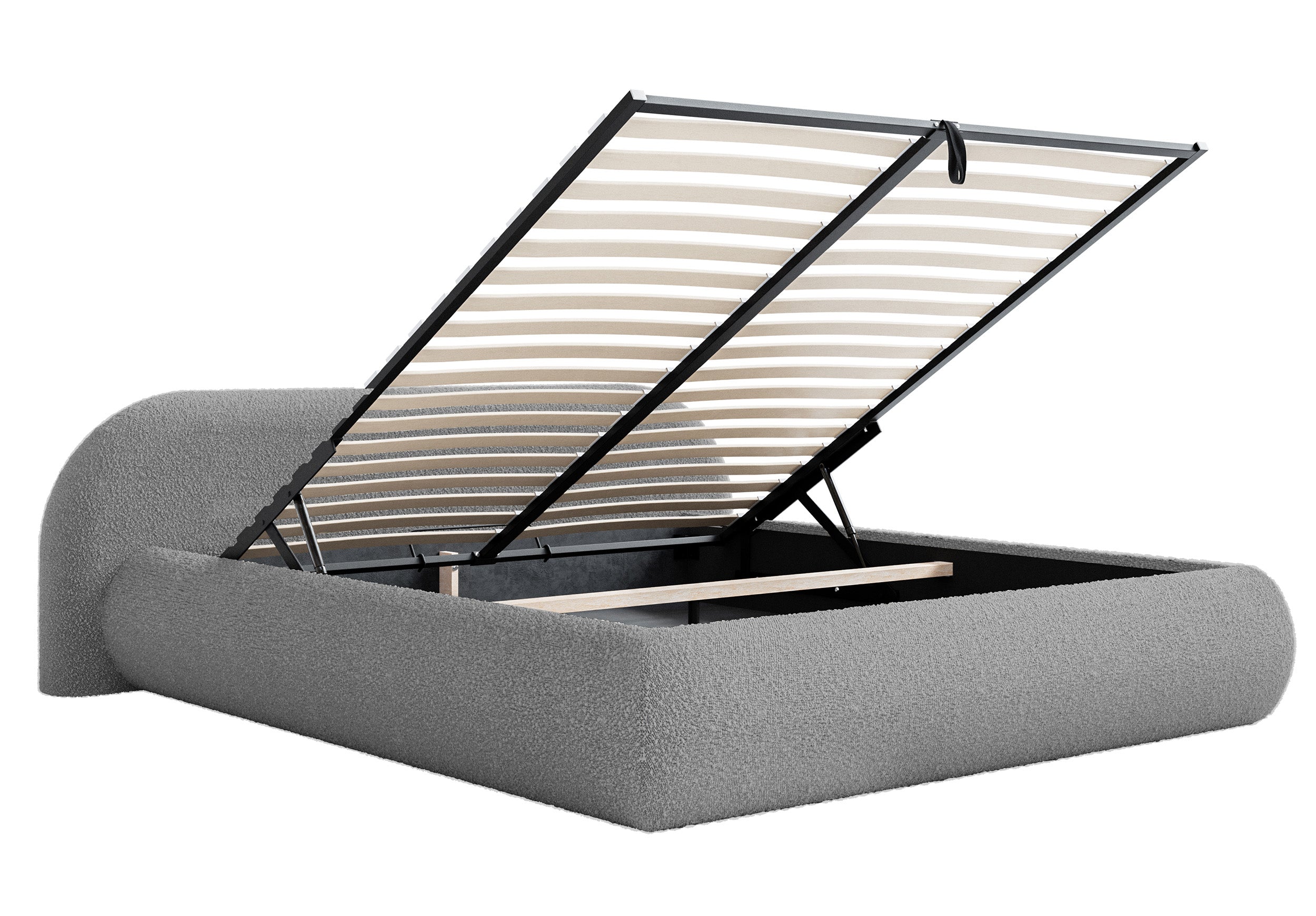 Gepolstertes Bett 140x200 cm Shels Low mit Stauraum, Metallrahmen, grauer Bouclé-Stoff
