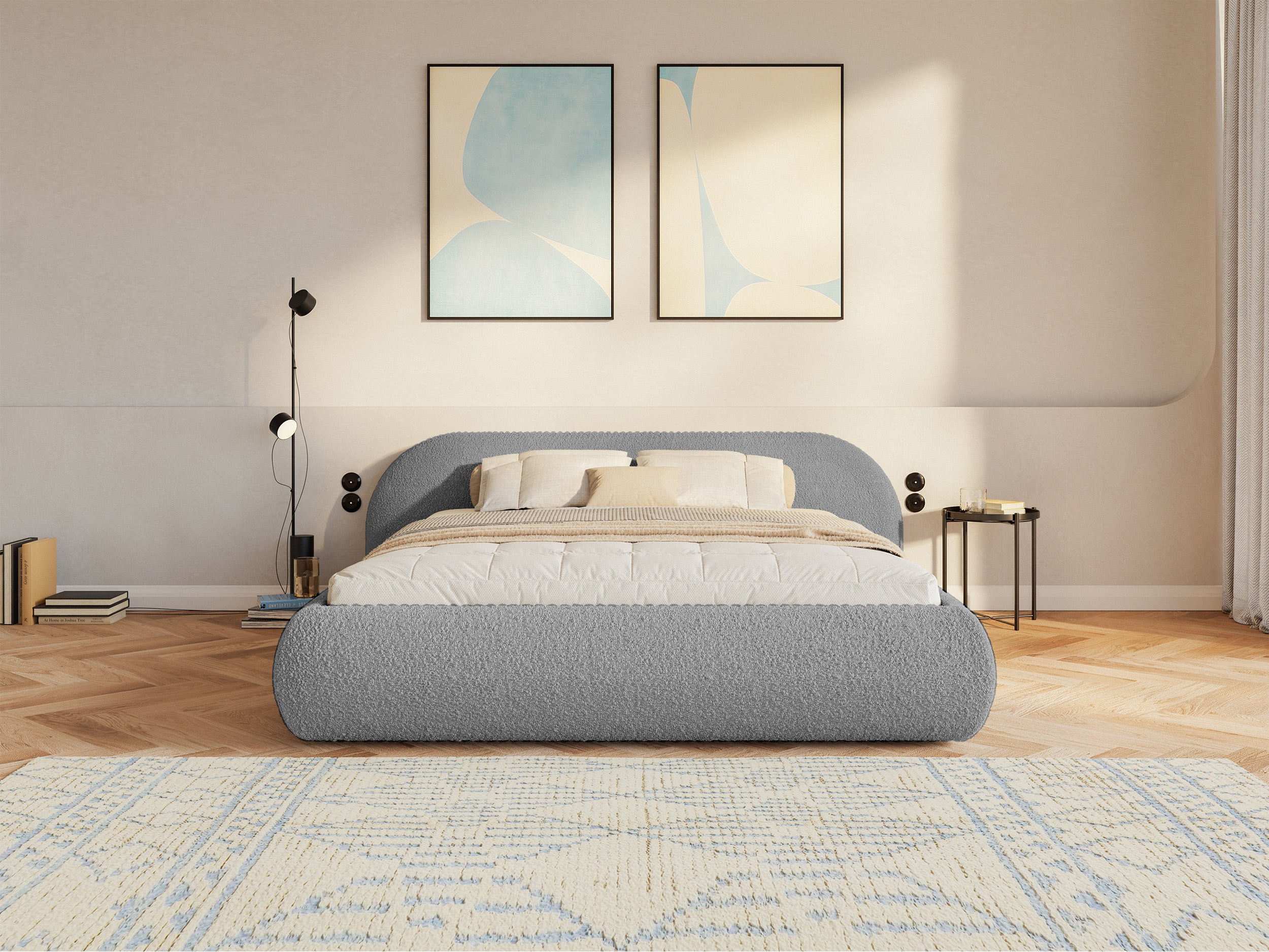 Gepolstertes Bett 160x200 cm Shels Low in grauem Bouclé