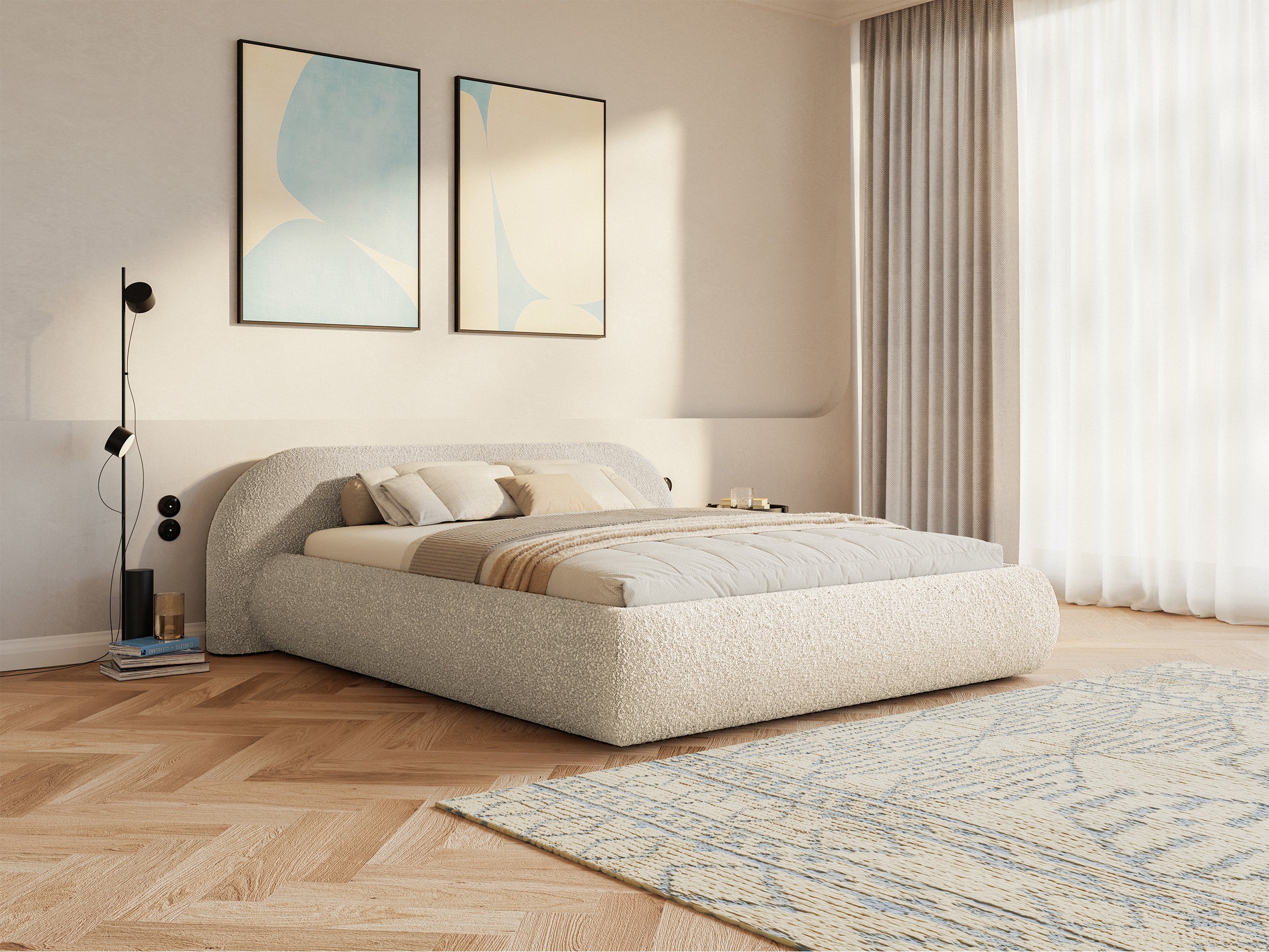 Polsterbett 140x200 cm Shels Low mit Stauraum, Metallrahmen, hellbeiges Bouclé