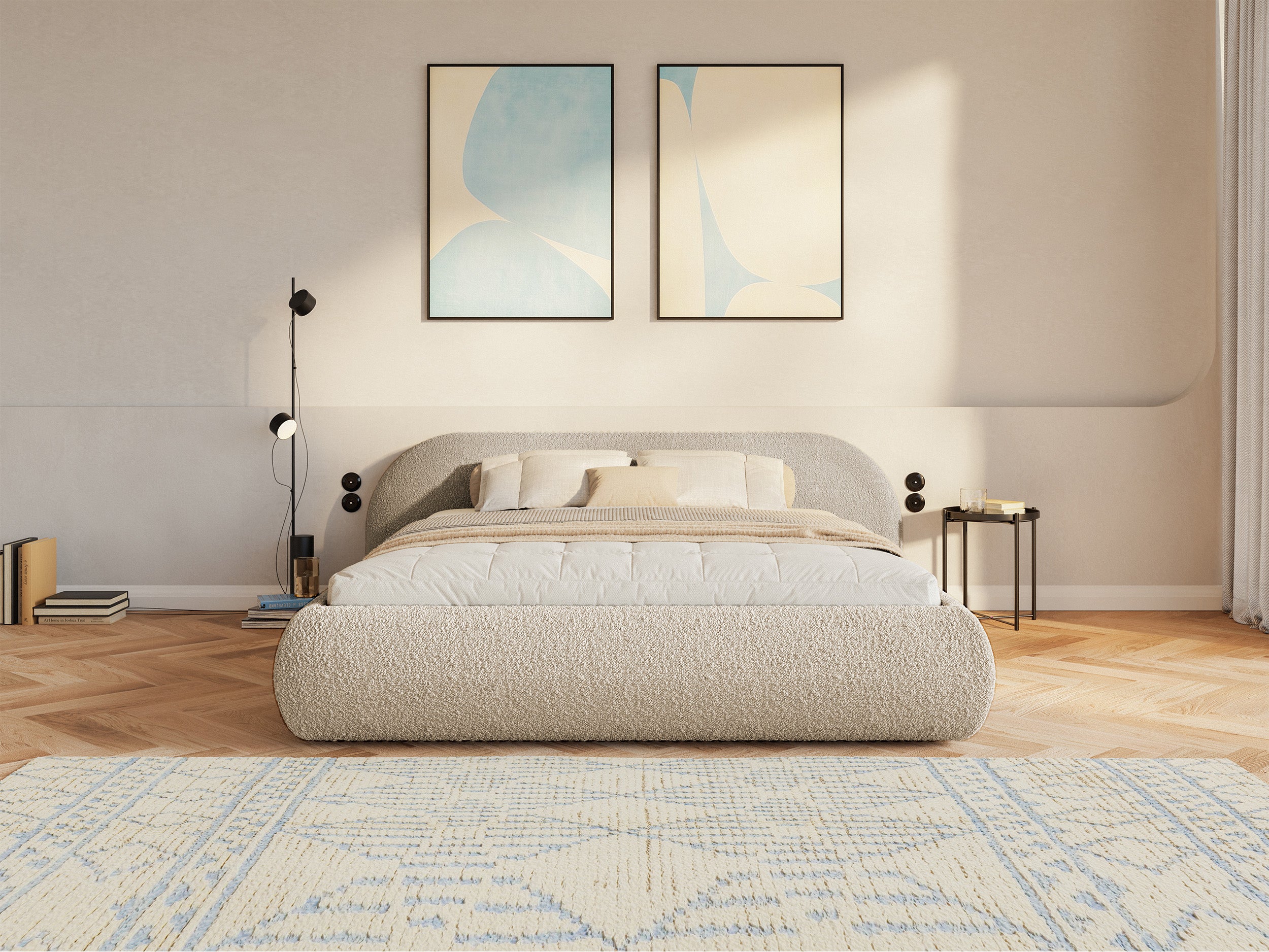 Polsterbett 160x200 cm Shels Low mit Stauraum, Metallrahmen, hellbeige Bouclé