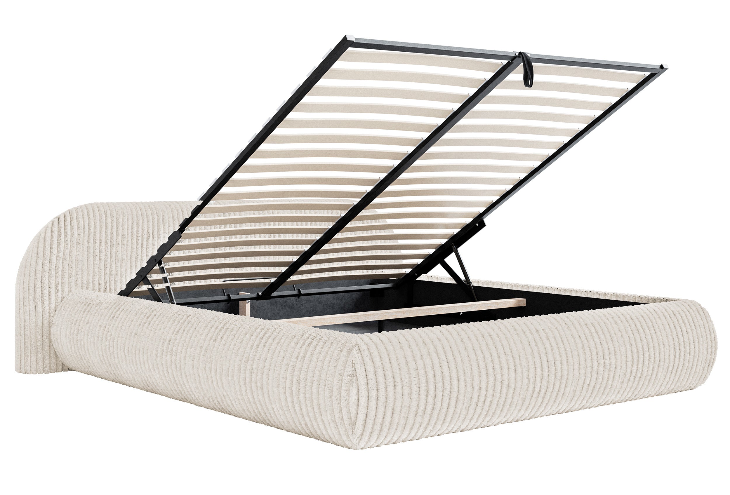 Polsterbett 140x200 cm Shels Low mit Stauraum, Metallrahmen, cremefarben, dicker Cordstoff