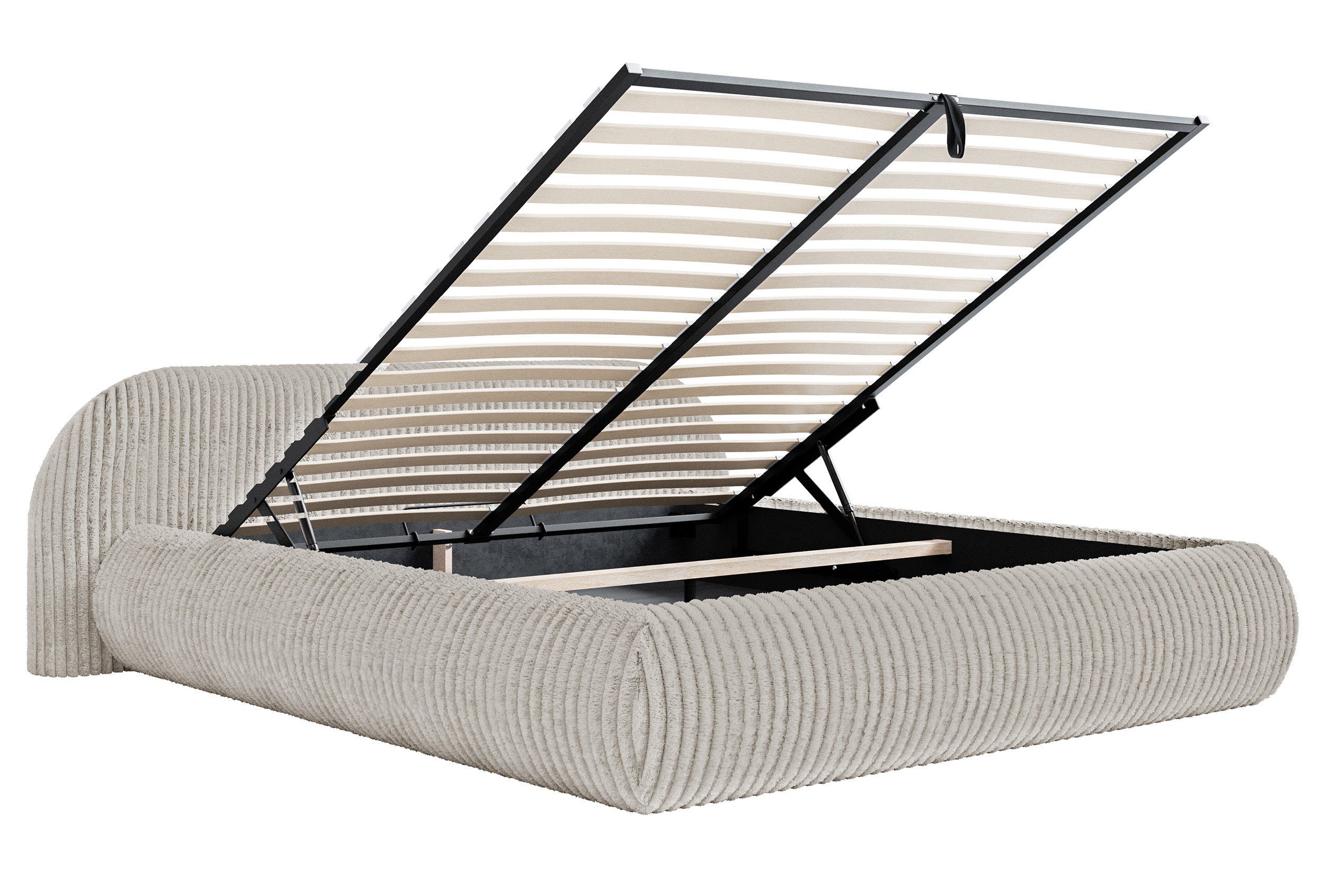 Polsterbett 180x200 cm Shels Low mit Stauraum, Metallrahmen, grau-beige, dicker Cordstoff