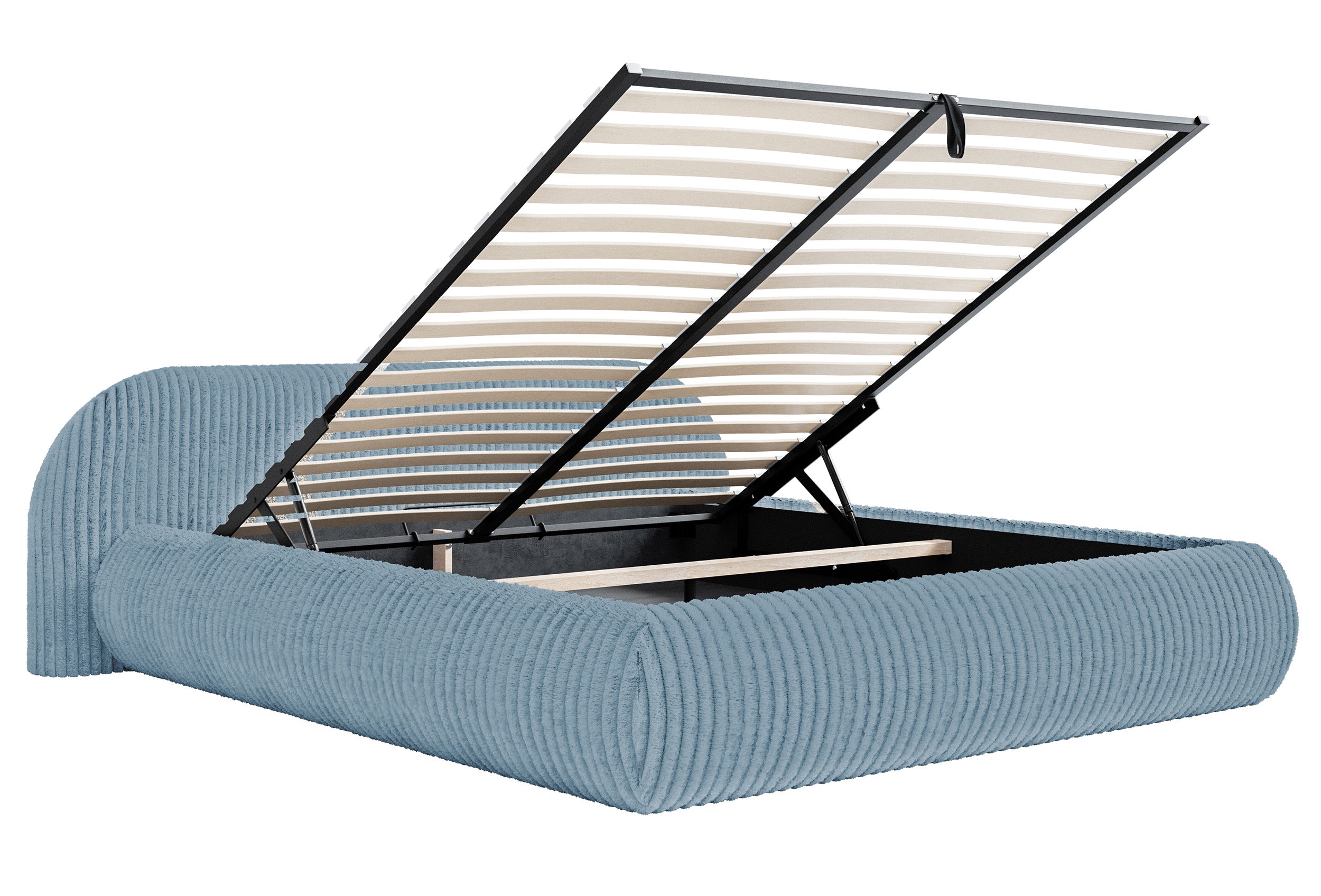 Polstermöbelbett 140x200 cm Shels Low mit Stauraum, Metallrahmen, dicke blaue Cordstruktur