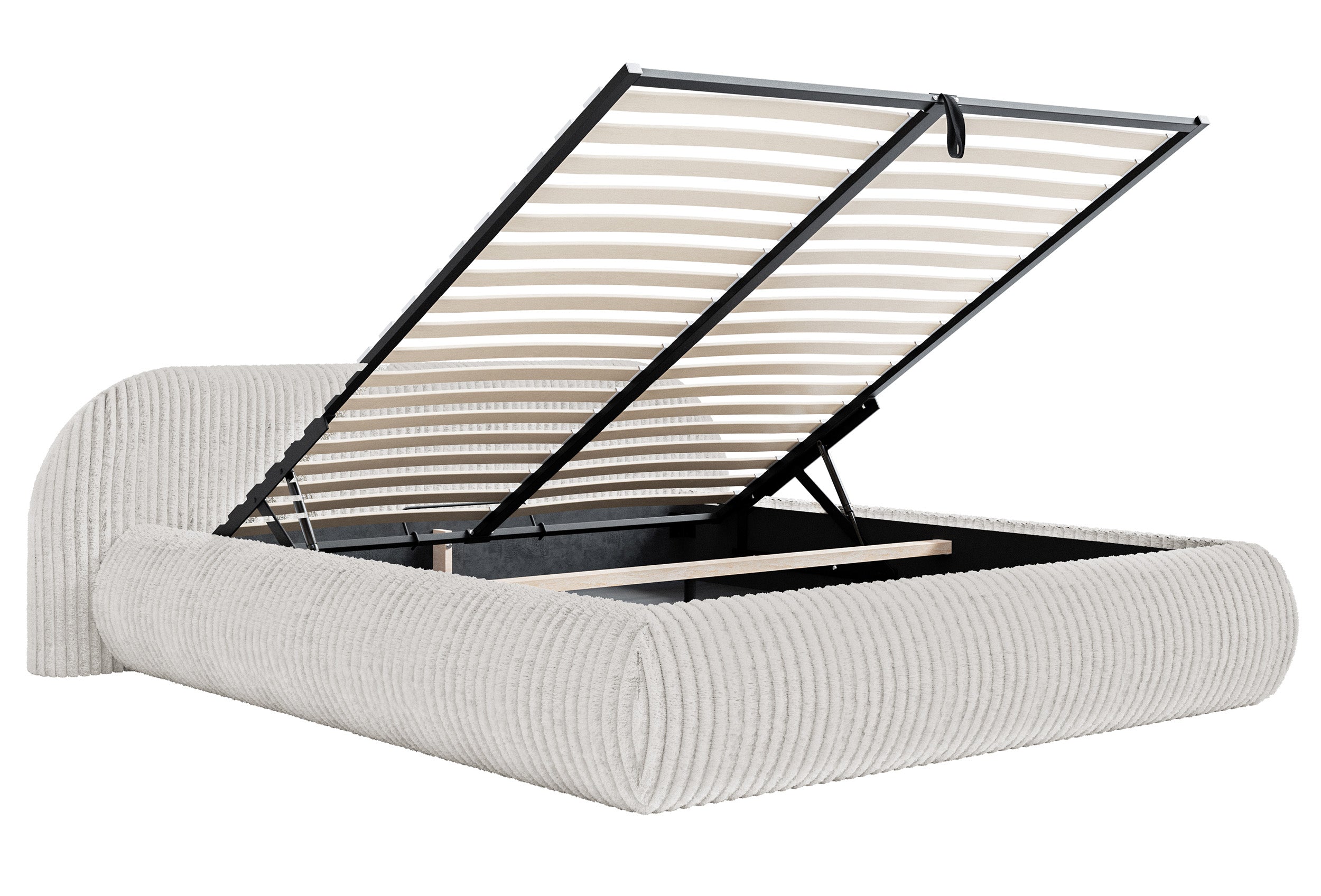Polsterbett 140x200 cm Shels Low mit Stauraum, Metallrahmen, hellgrauer, grober Cordstoff