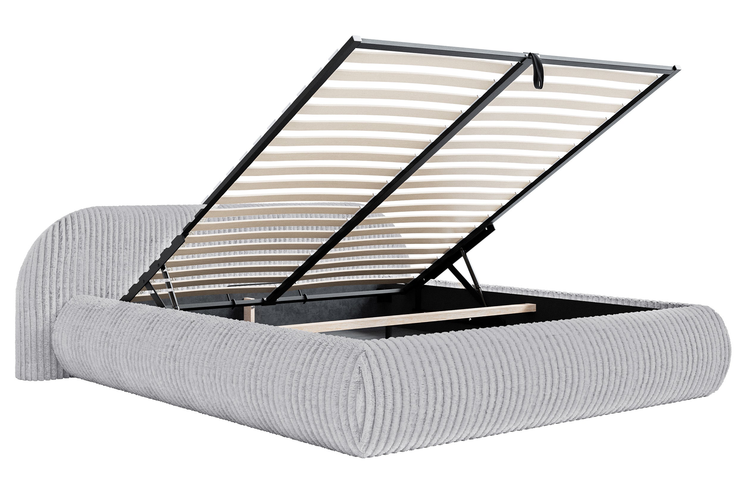 Polsterbett 140x200 cm Shels Low mit Stauraum, Metallrahmen, grauer dicker Cordstoff