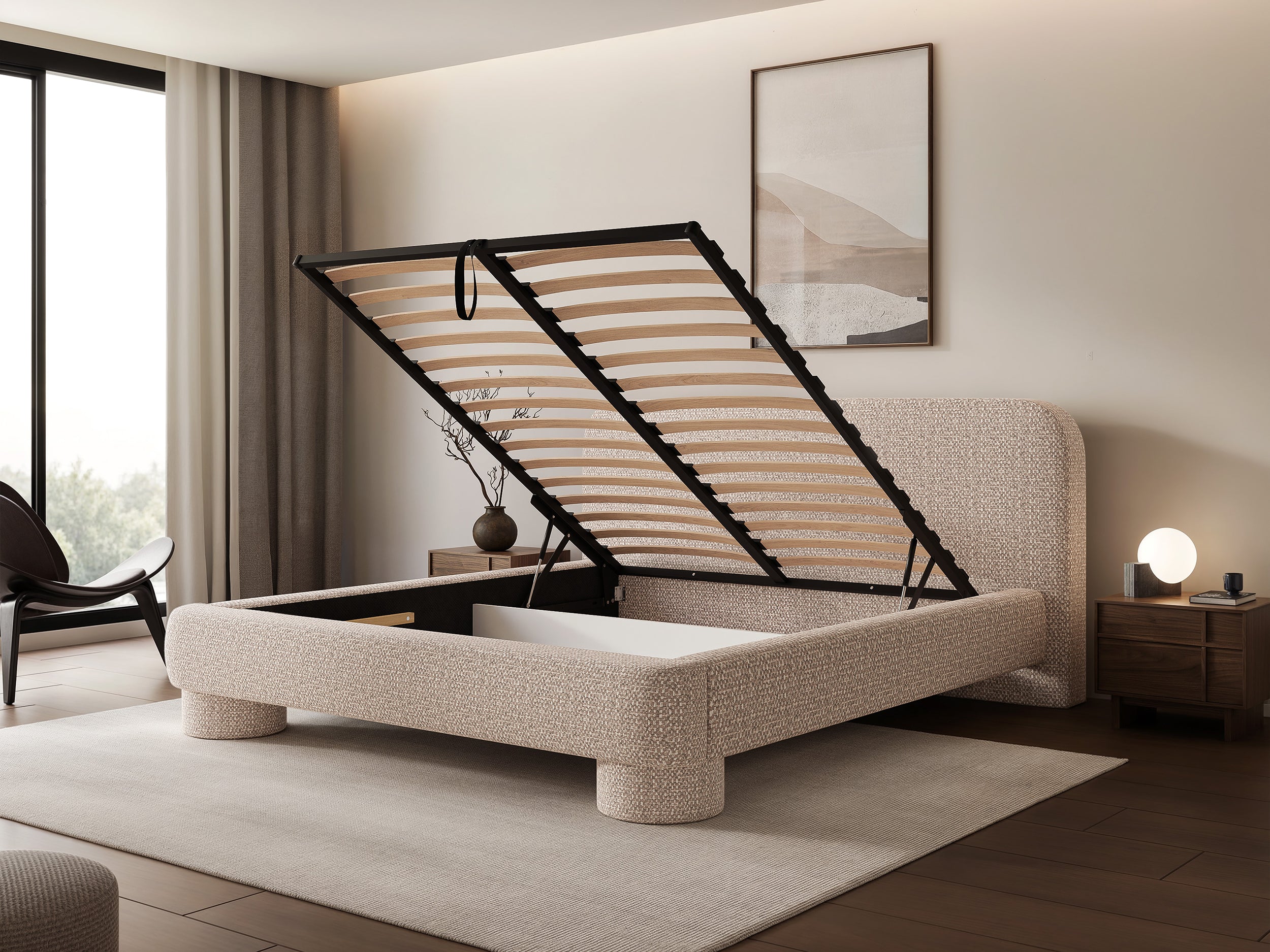 Gepolstertes Bett 160x200 cm Fredo mit Stauraum, beiges Bouclé