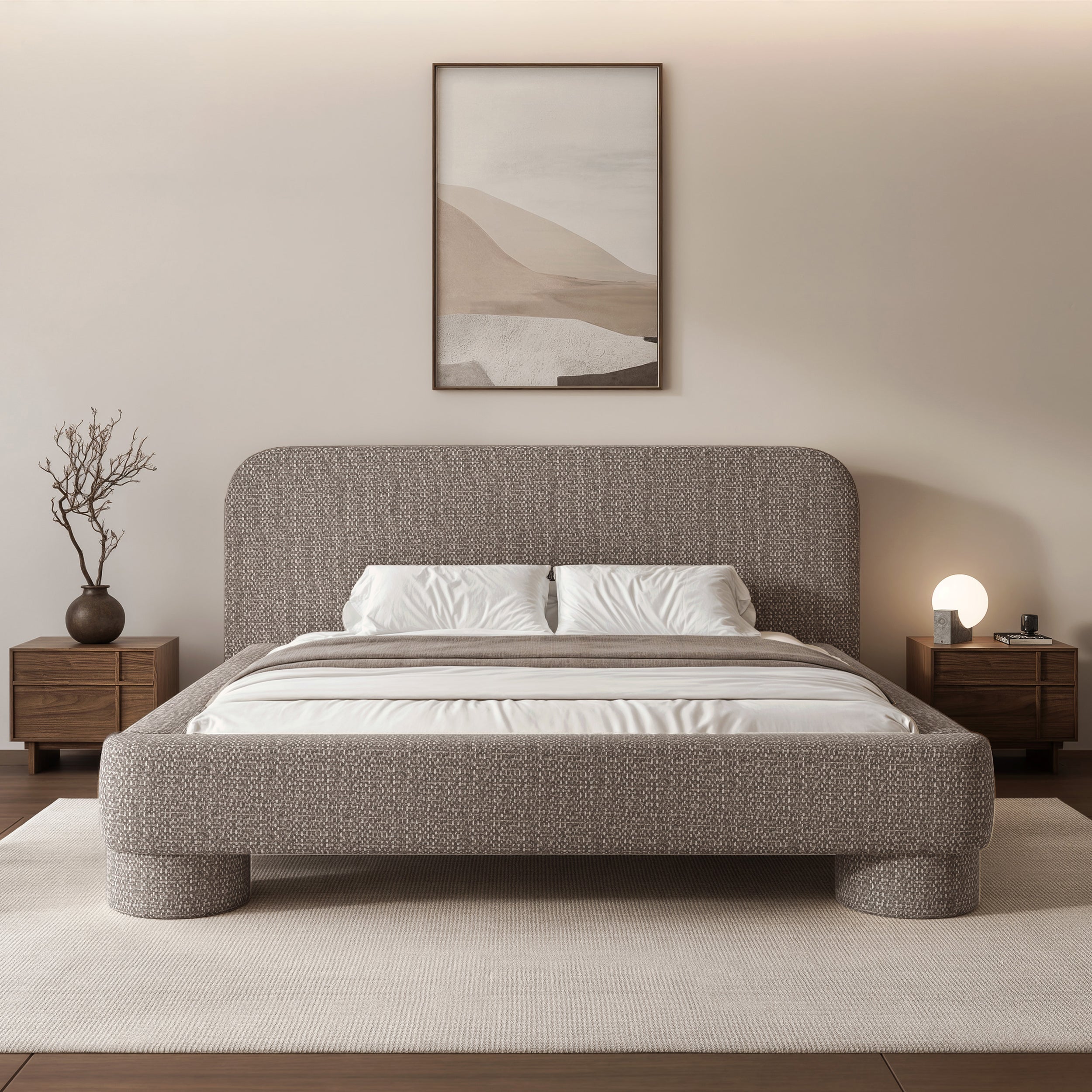 Gepolstertes Bett 160x200 cm Fredo mit Stauraum, grau-beiges Chenille