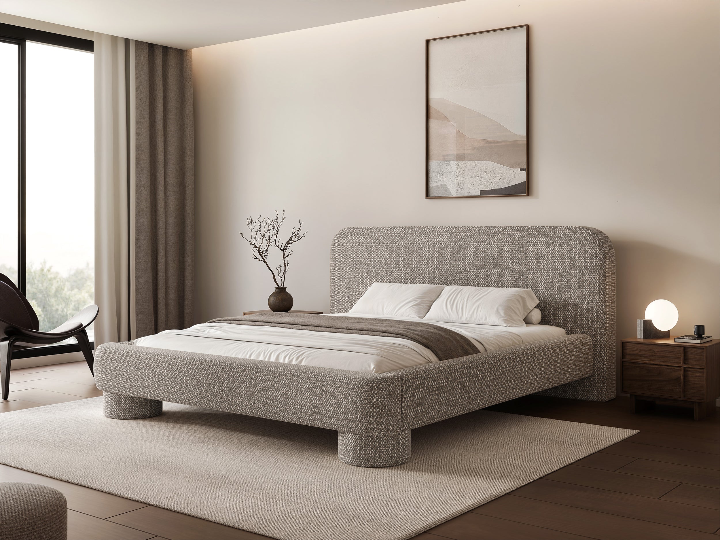 Gepolstertes Bett 160x200 cm Fredo mit Stauraum, grau-beiges Chenille