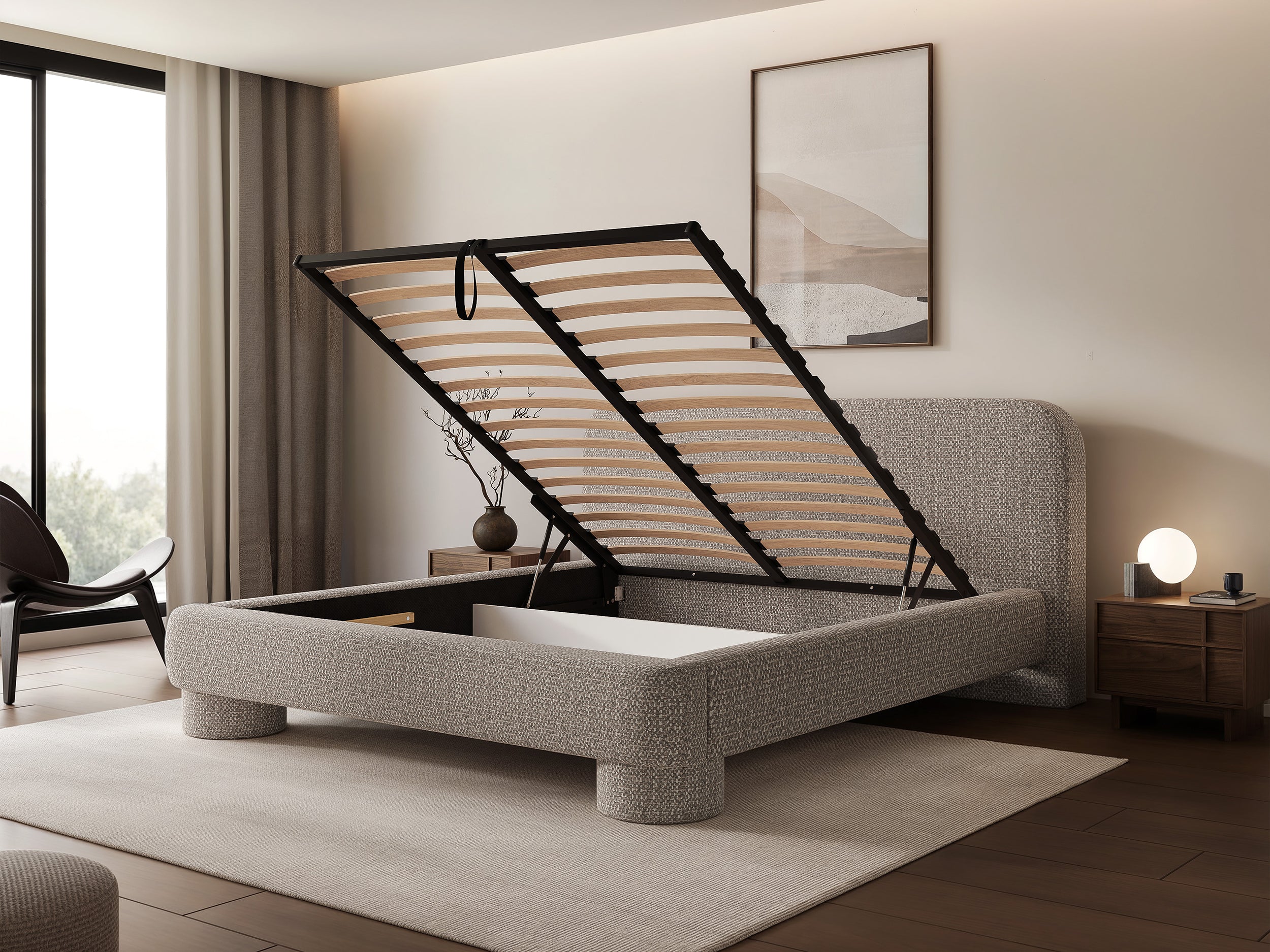 Gepolstertes Bett 160x200 cm Fredo mit Stauraum, grau-beiges Chenille