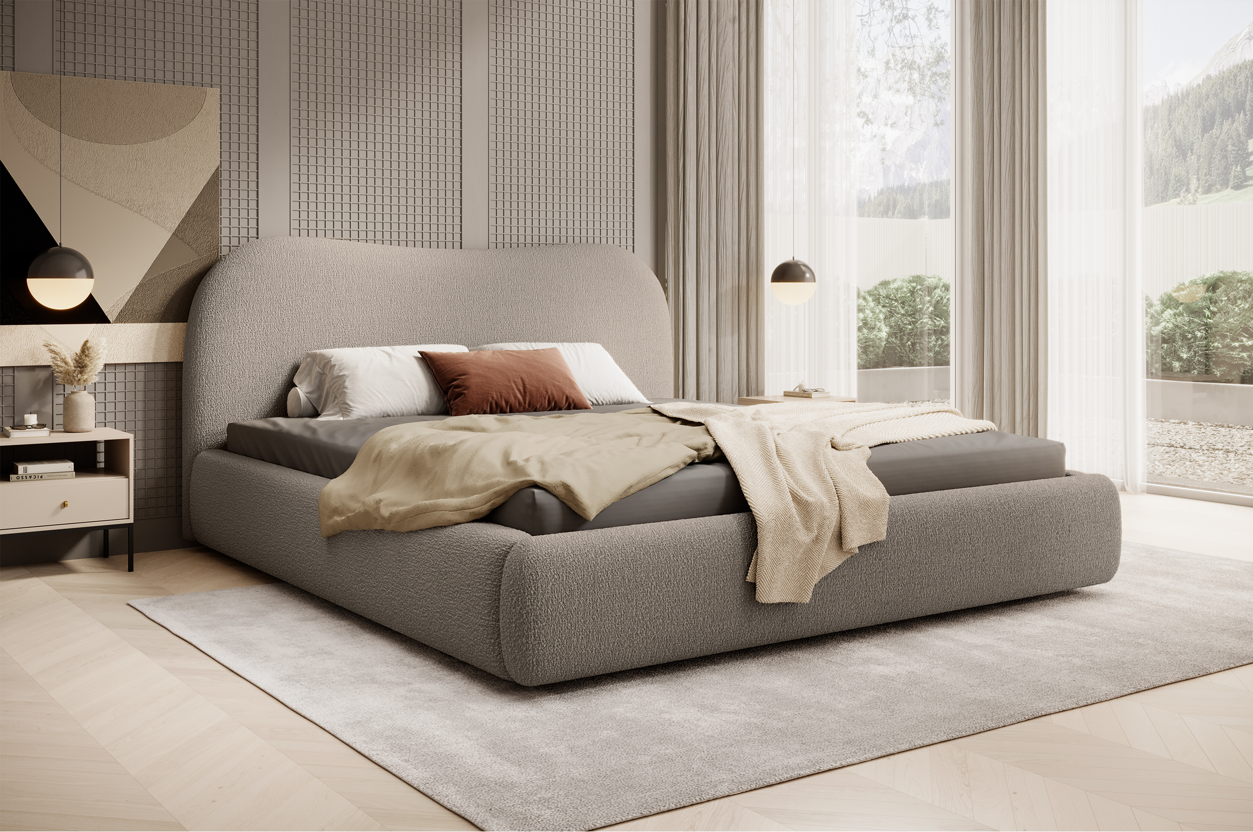 Polsterbett Simsalo 160x200 cm mit Stauraum, dunkelbeige Bouclé