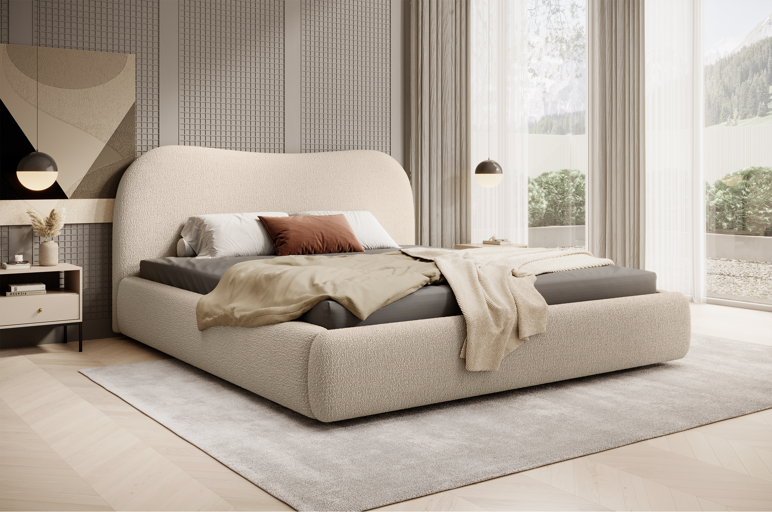 Polstermbett Simsalo 160x200 cm mit Stauraum, beige Bouclé