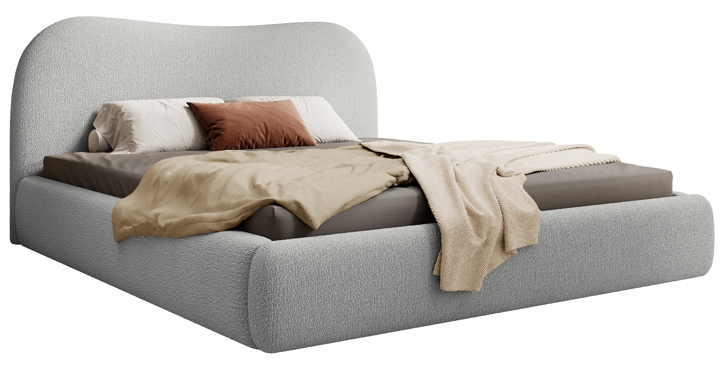 Gepolstertes Bett Simsalo 160x200 cm mit Stauraum, graues Bouclé