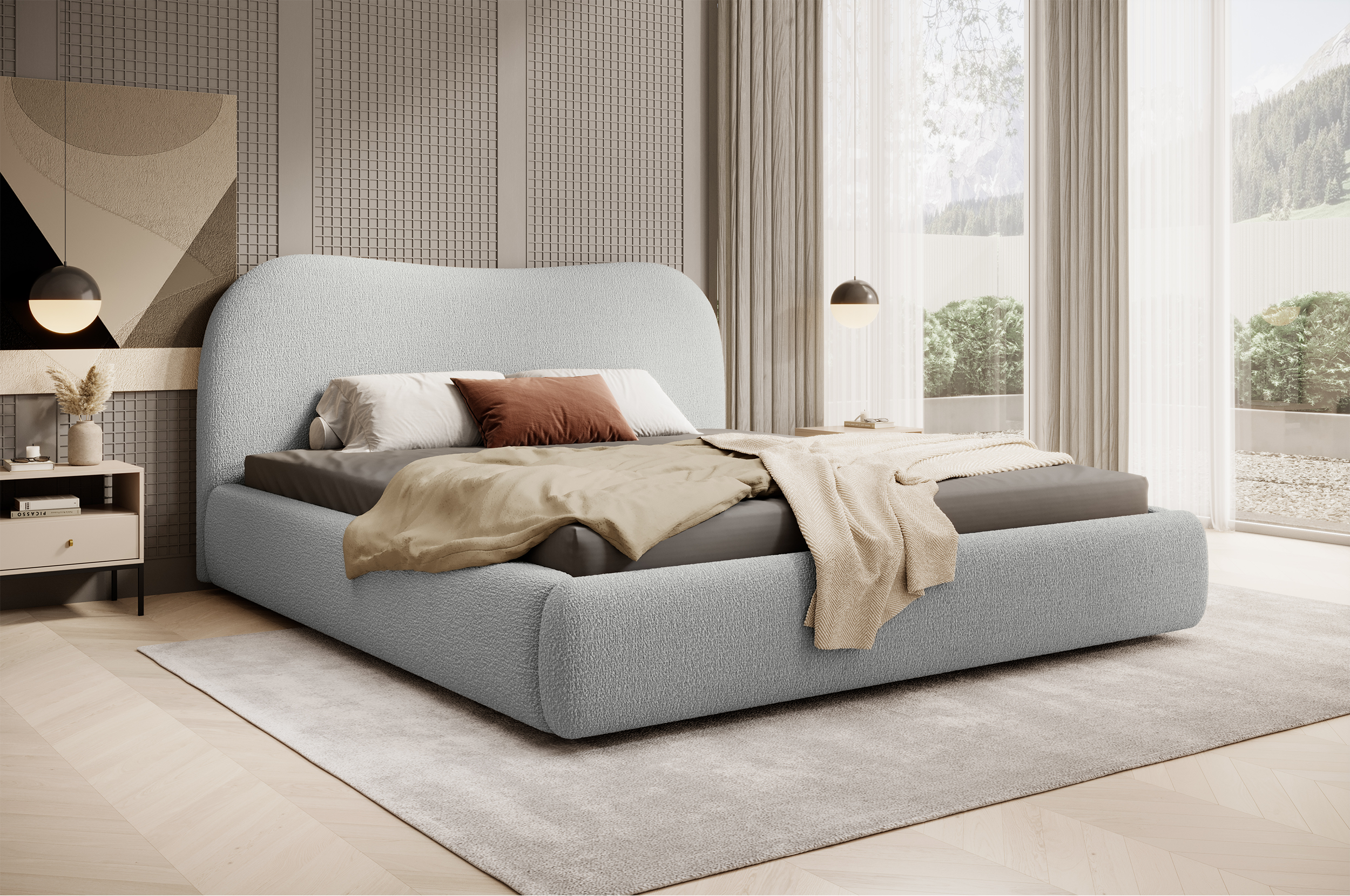 Gepolstertes Simsalo Bett 180x200 cm mit Stauraum, grauer Bouclé-Stoff
