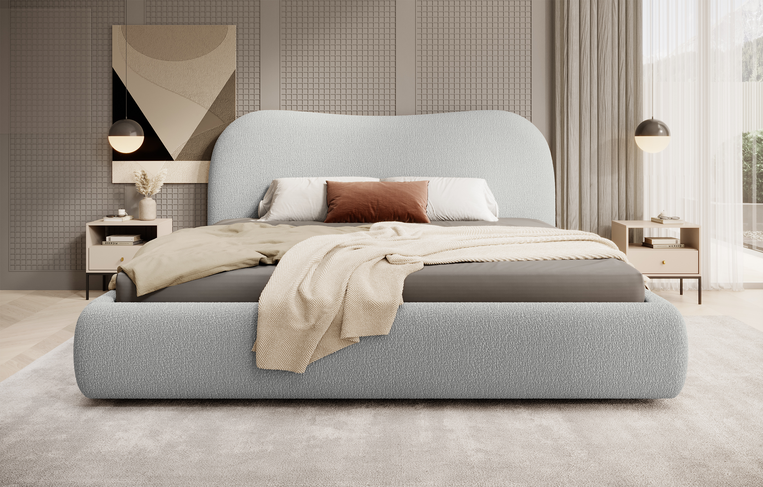 Gepolstertes Simsalo Bett 140x200 cm mit Stauraum, grauer Bouclé-Stoff