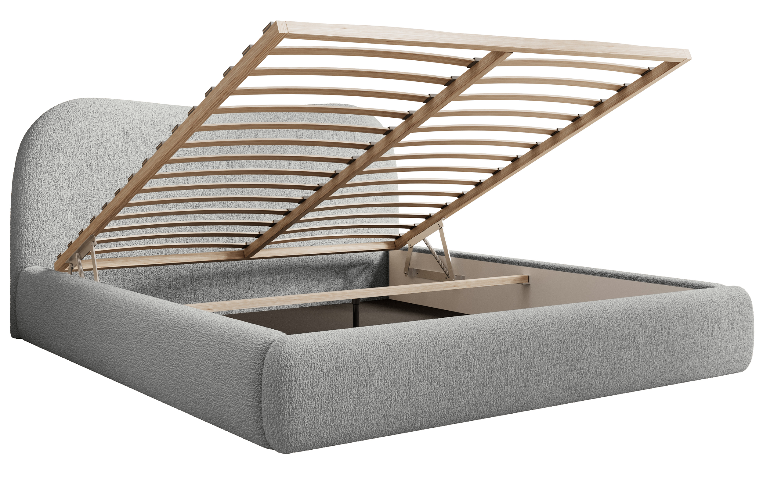 Gepolstertes Simsalo Bett 180x200 cm mit Stauraum, grauer Bouclé-Stoff