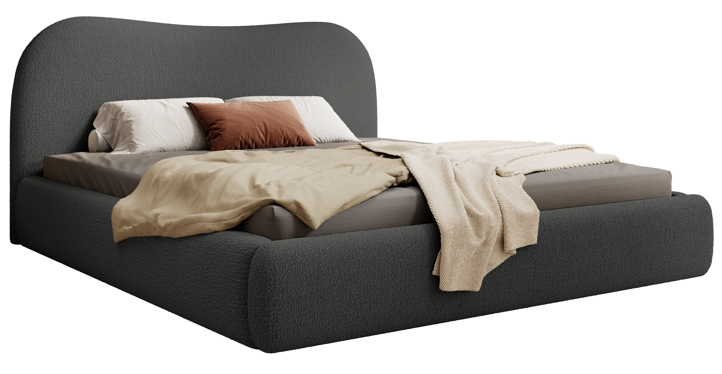 Gepolstertes Simsalo Bett 160x200 cm mit Stauraum, graphitfarbenes Bouclé