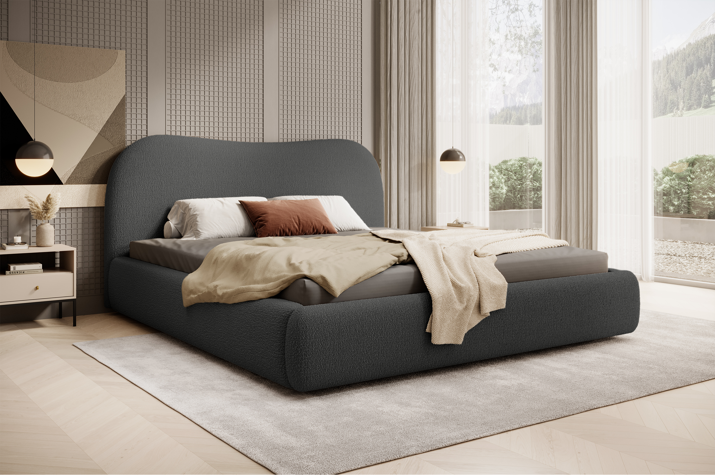 Gepolstertes Simsalo Bett 160x200 cm mit Stauraum, graphitfarbenes Bouclé