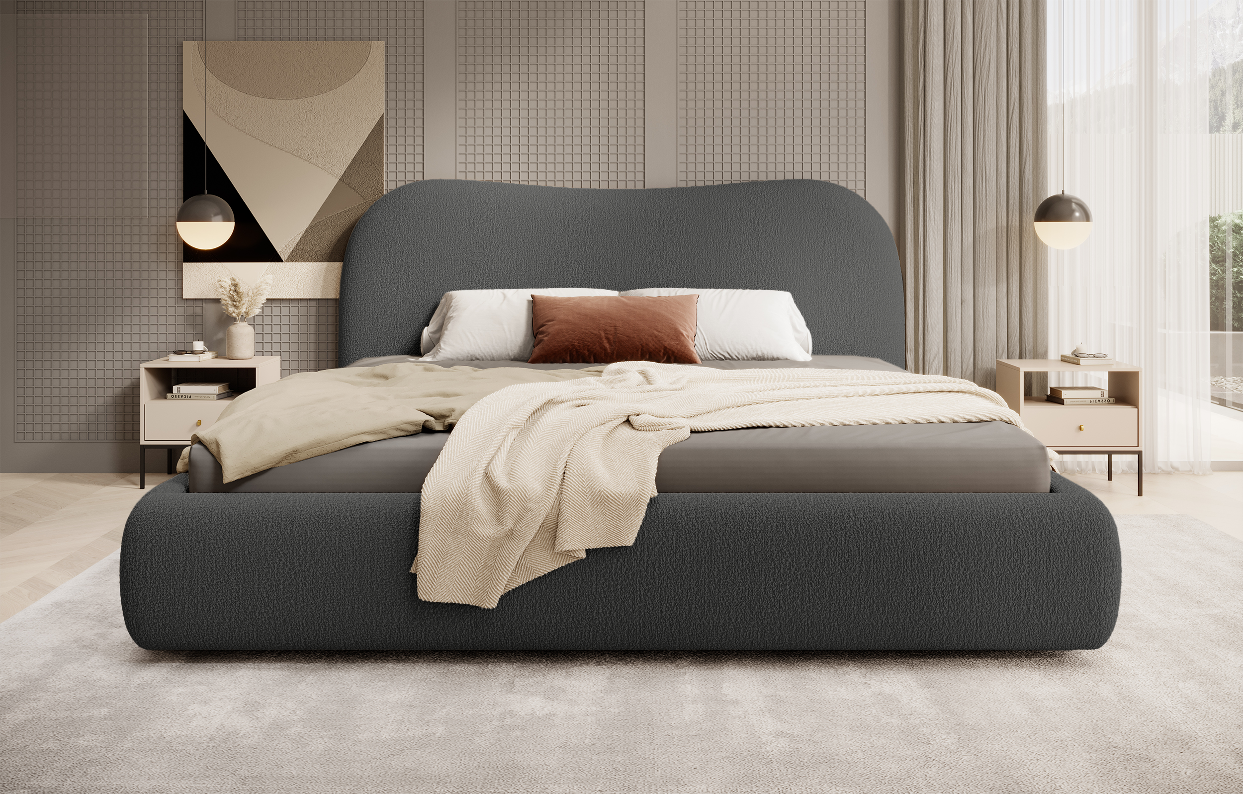 Gepolstertes Simsalo-Bett 140x200 cm mit Stauraum, graphitfarbenes Bouclé