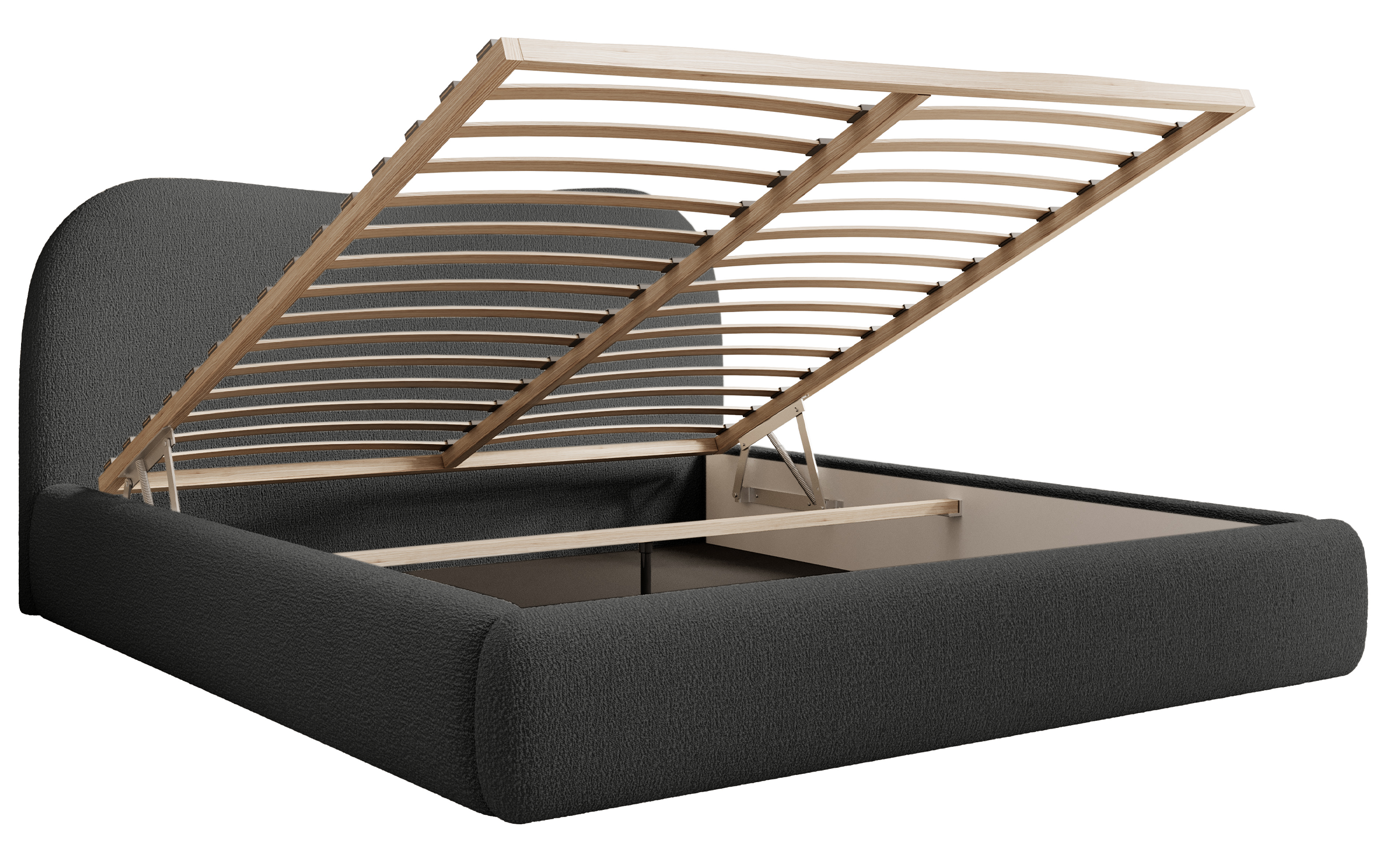 Gepolstertes Simsalo-Bett 180x200 cm mit Stauraum, grafitfarbenes Bouclé