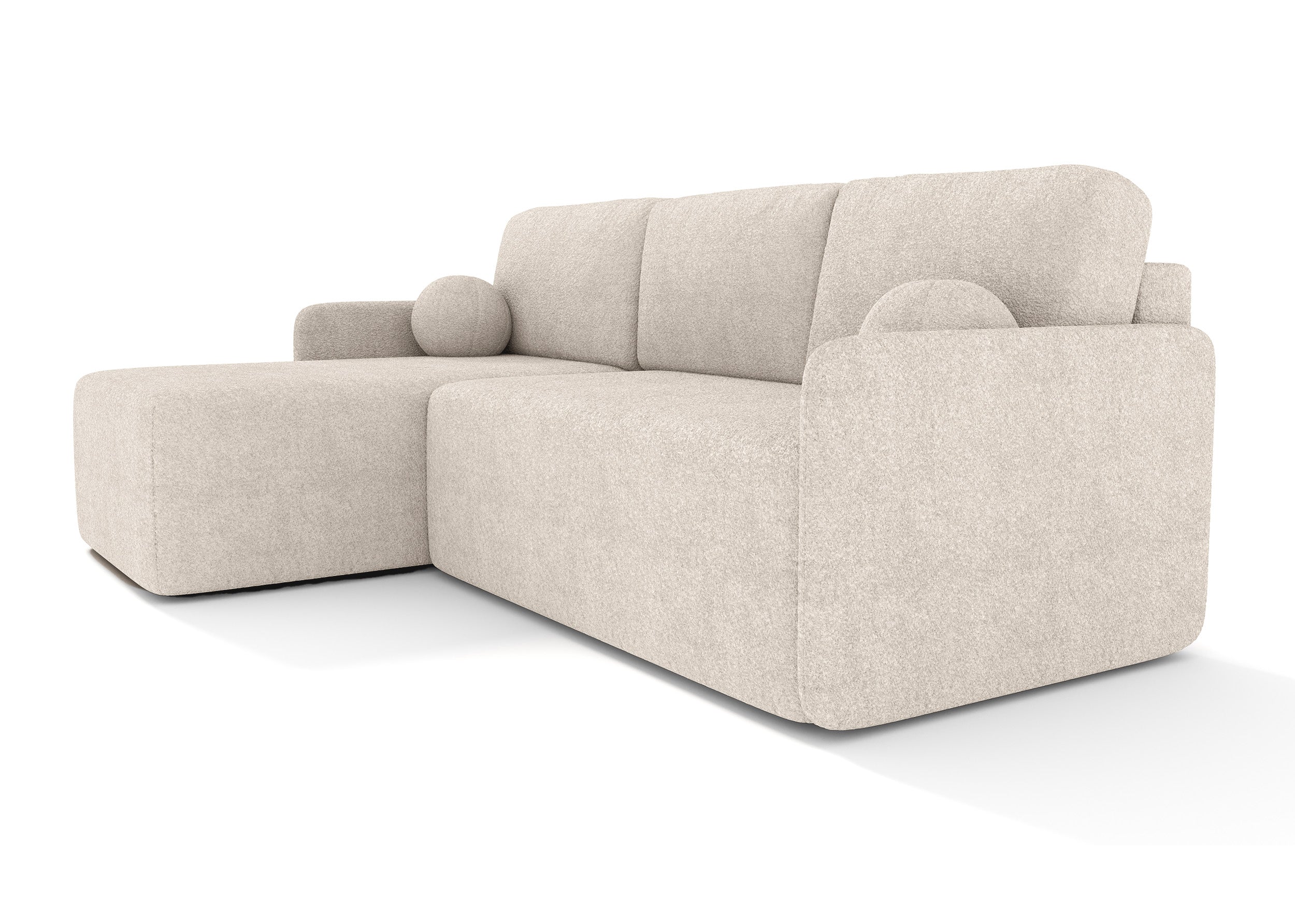 Ecksofa mit Schlaffunktion Bloom, L-förmig, mit Stauraum, beige Bouclé, universell einsetzbar