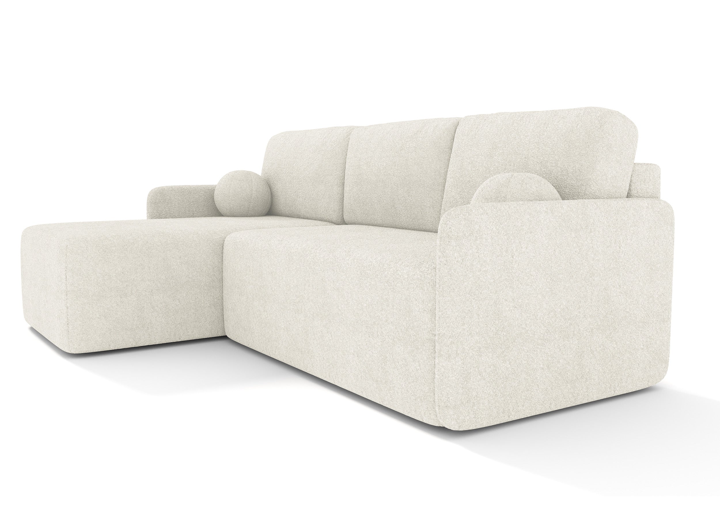 Ecksofa mit Schlaffunktion Bloom, L-förmig, mit Stauraum, cremefarbener Bouclé-Stoff, universell einsetzbar