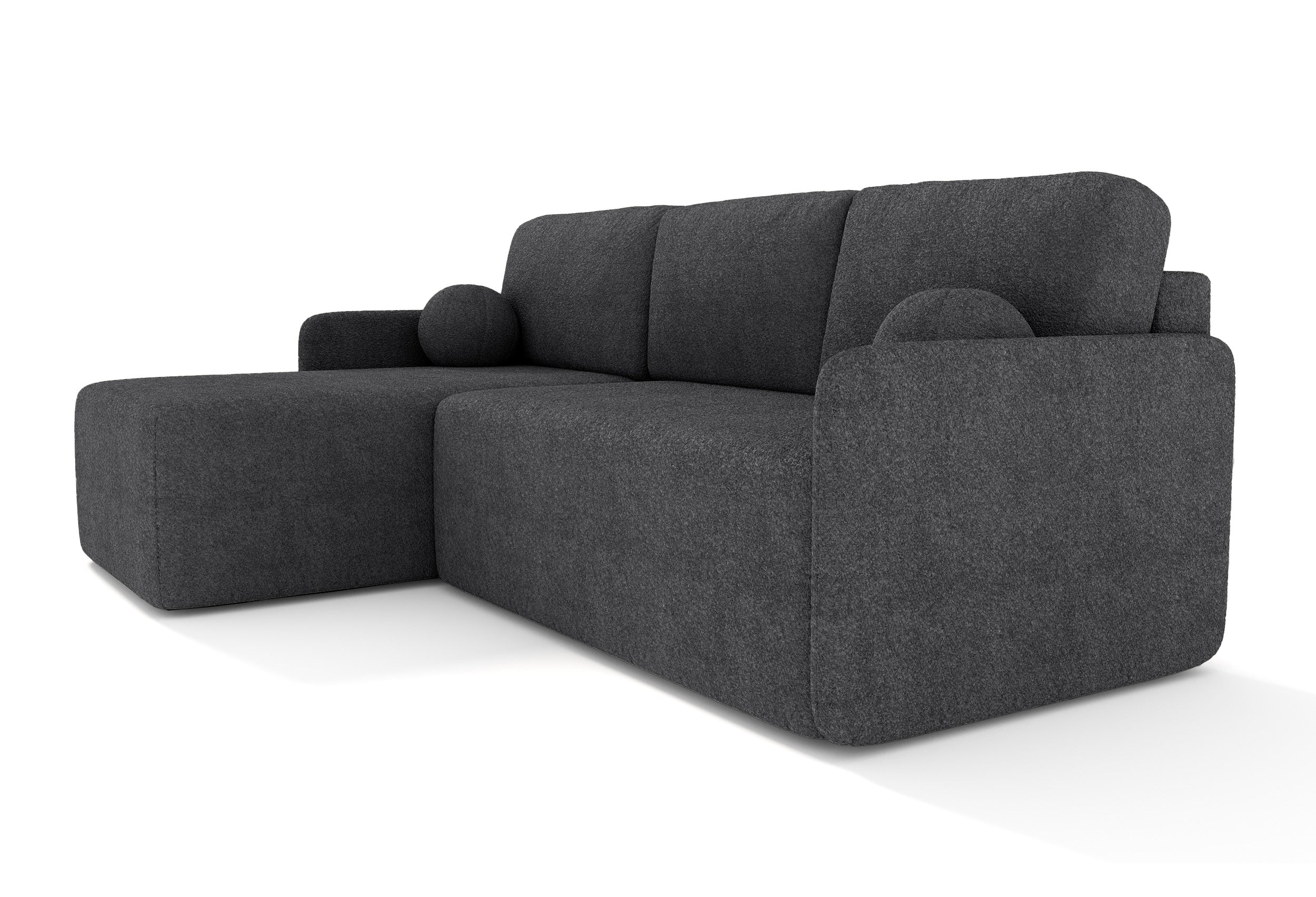 Ecksofa mit Schlaffunktion Bloom, L-förmig, mit Stauraum, grafitfarbenes Bouclé, universell einsetzbar