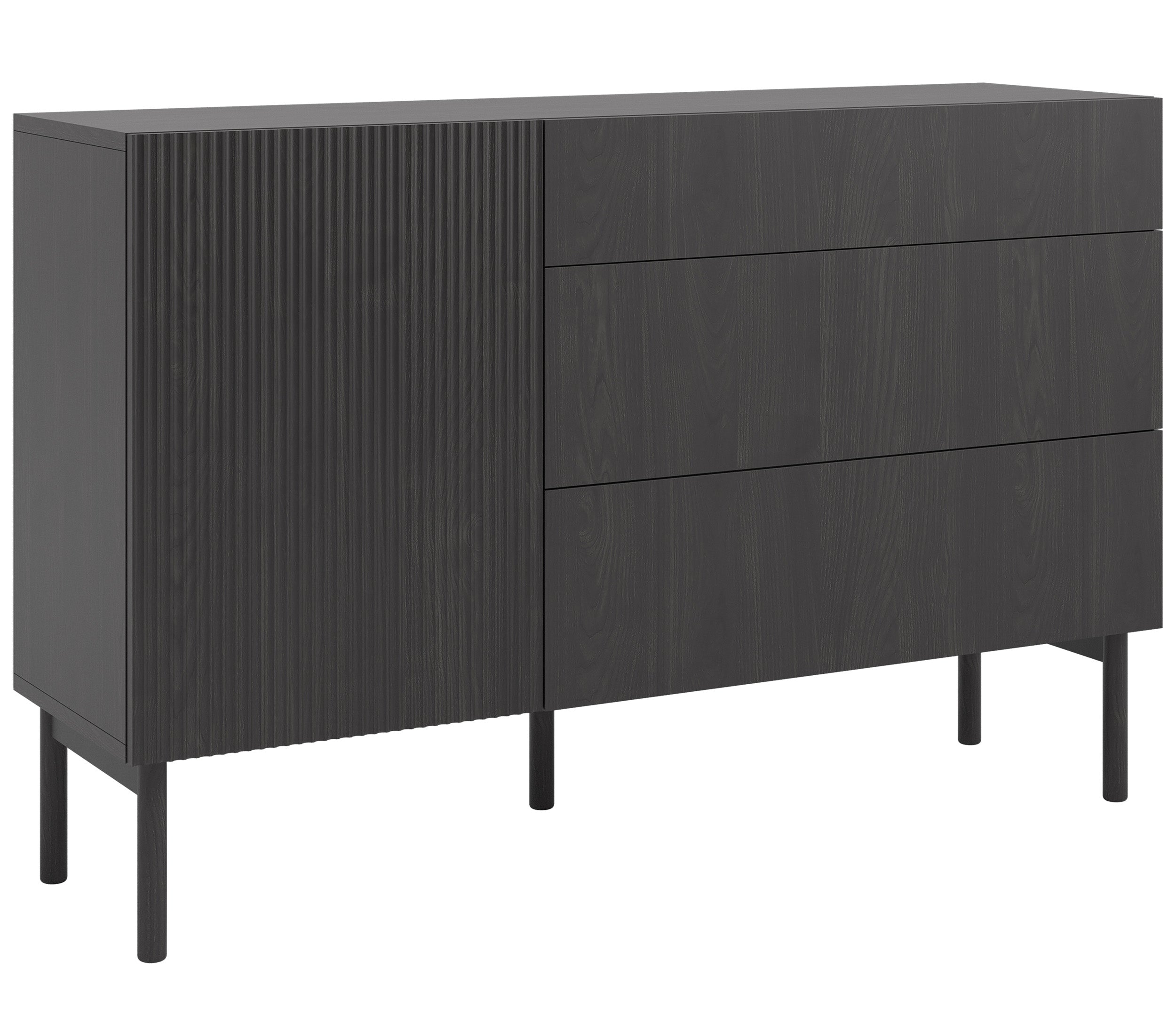 Einzeltür-Kommode Nolie mit drei Schubladen, 140 cm, Portland Esche Schwarz